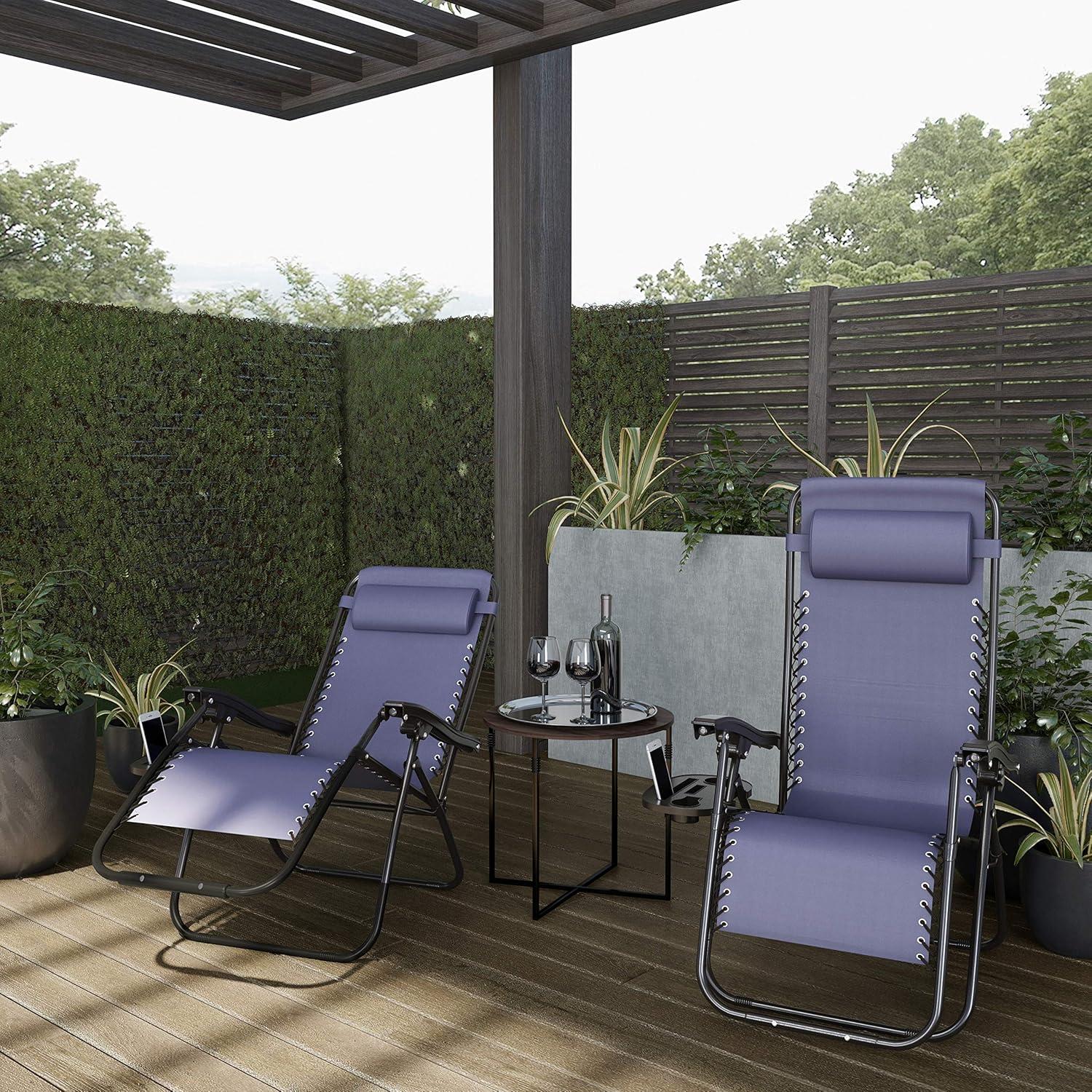imageLavish Home Set of 2 ZeroGravity Chairs Folding Patio Furniture Outdoor Recliners with Side Table Cup or Phone Holder and Chair Pillow Navy