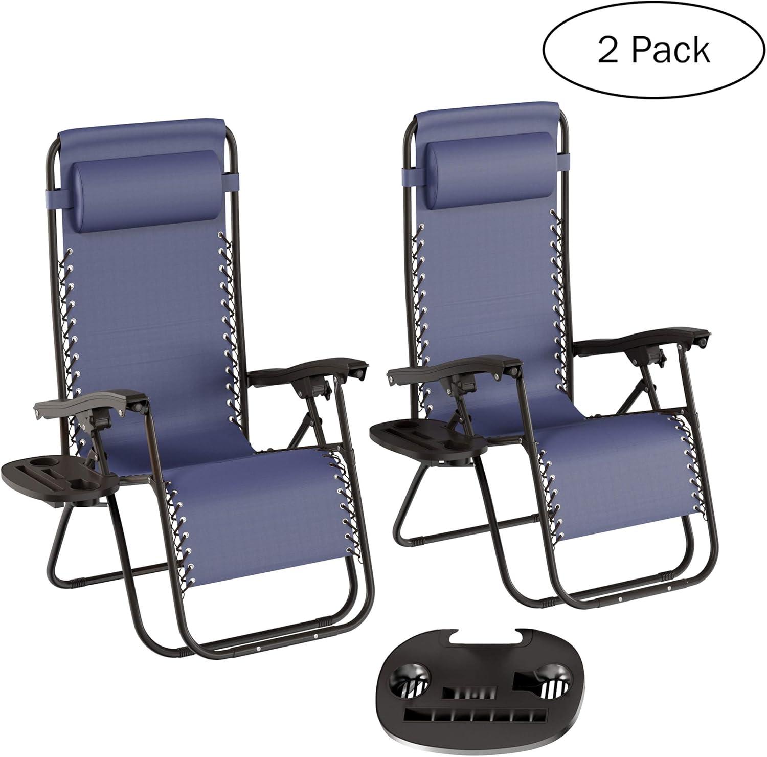imageLavish Home Set of 2 ZeroGravity Chairs Folding Patio Furniture Outdoor Recliners with Side Table Cup or Phone Holder and Chair Pillow Navy