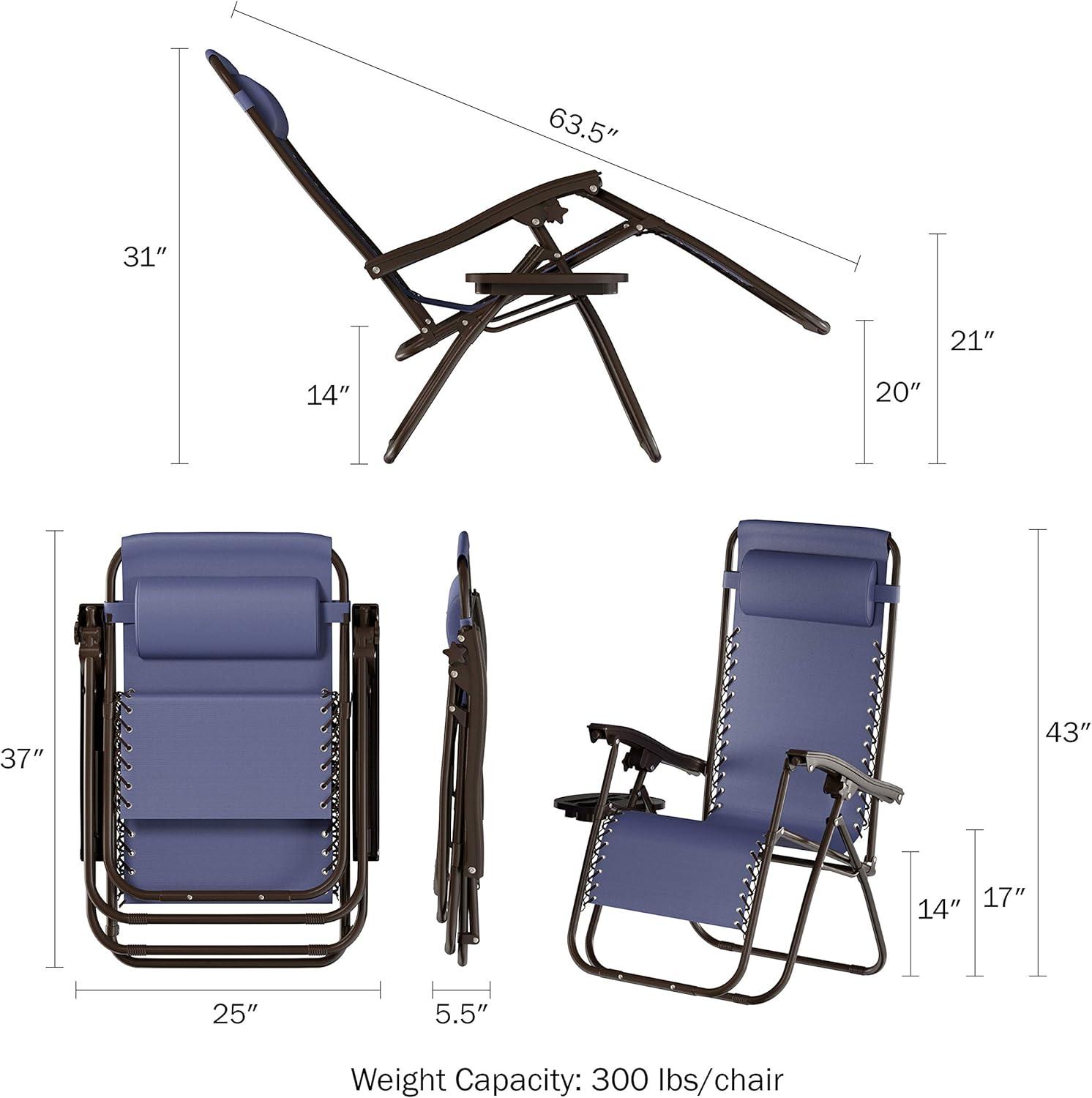 imageLavish Home Set of 2 ZeroGravity Chairs Folding Patio Furniture Outdoor Recliners with Side Table Cup or Phone Holder and Chair Pillow Navy