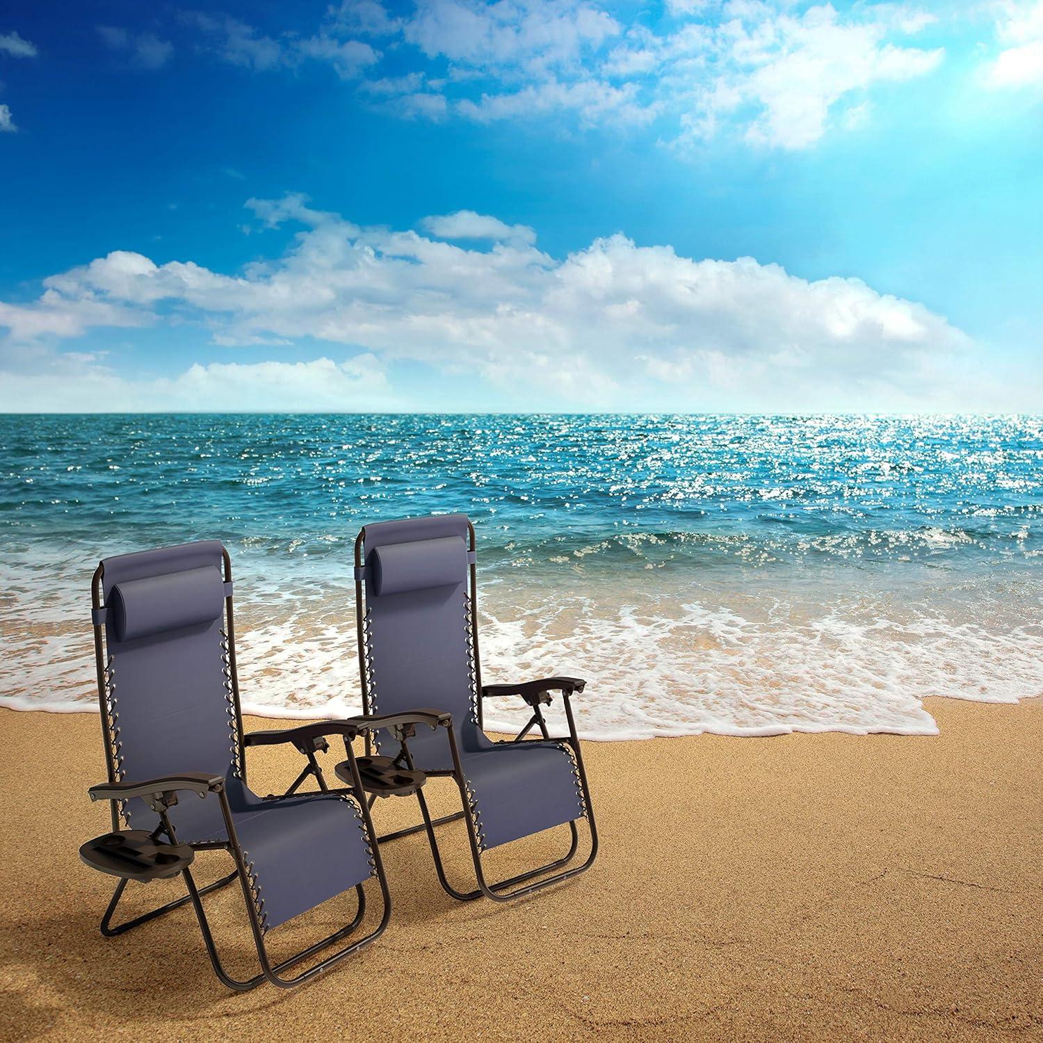 imageLavish Home Set of 2 ZeroGravity Chairs Folding Patio Furniture Outdoor Recliners with Side Table Cup or Phone Holder and Chair Pillow Navy