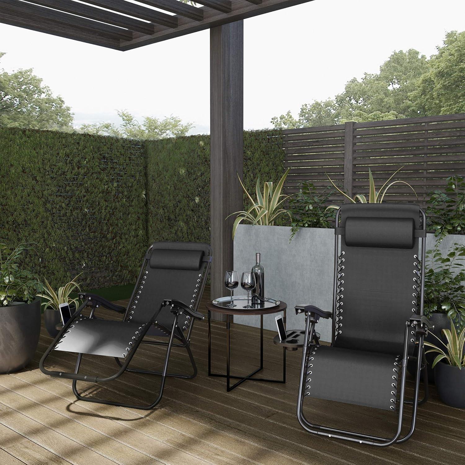 imageLavish Home Set of 2 ZeroGravity Chairs Folding Patio Furniture Outdoor Recliners with Side Table CupPhone Holder and Chair Pillow Black