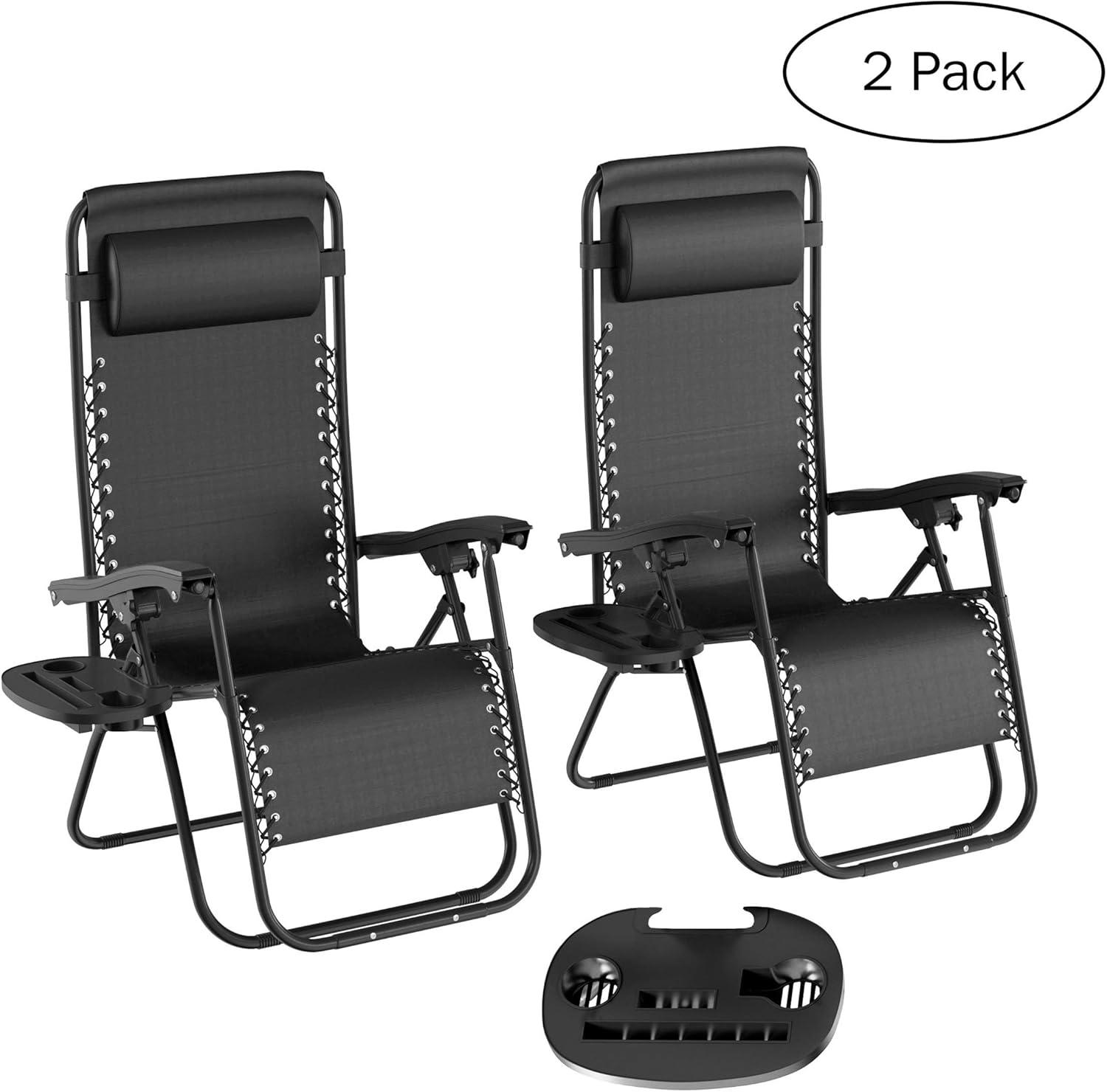 imageLavish Home Set of 2 ZeroGravity Chairs Folding Patio Furniture Outdoor Recliners with Side Table CupPhone Holder and Chair Pillow Black