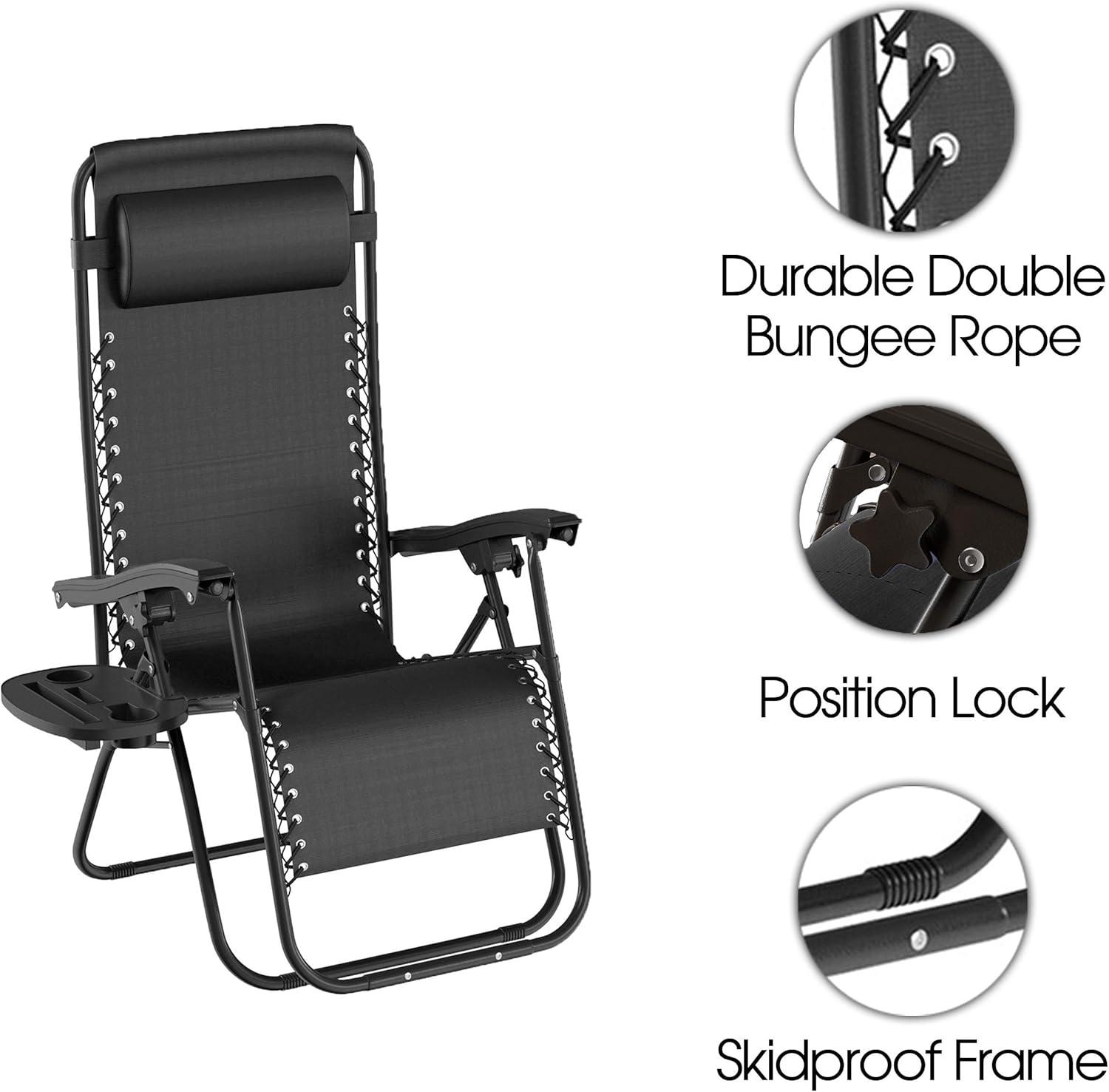 imageLavish Home Set of 2 ZeroGravity Chairs Folding Patio Furniture Outdoor Recliners with Side Table CupPhone Holder and Chair Pillow Black