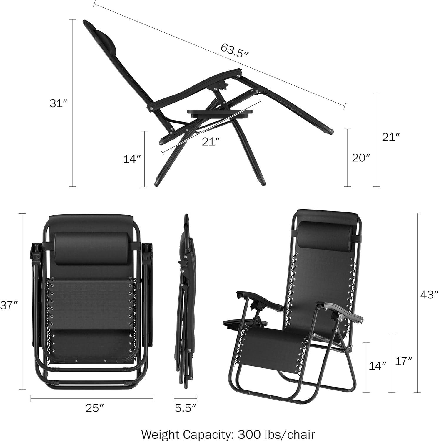 imageLavish Home Set of 2 ZeroGravity Chairs Folding Patio Furniture Outdoor Recliners with Side Table CupPhone Holder and Chair Pillow Black