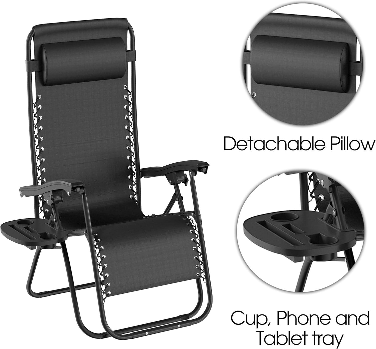imageLavish Home Set of 2 ZeroGravity Chairs Folding Patio Furniture Outdoor Recliners with Side Table CupPhone Holder and Chair Pillow Black