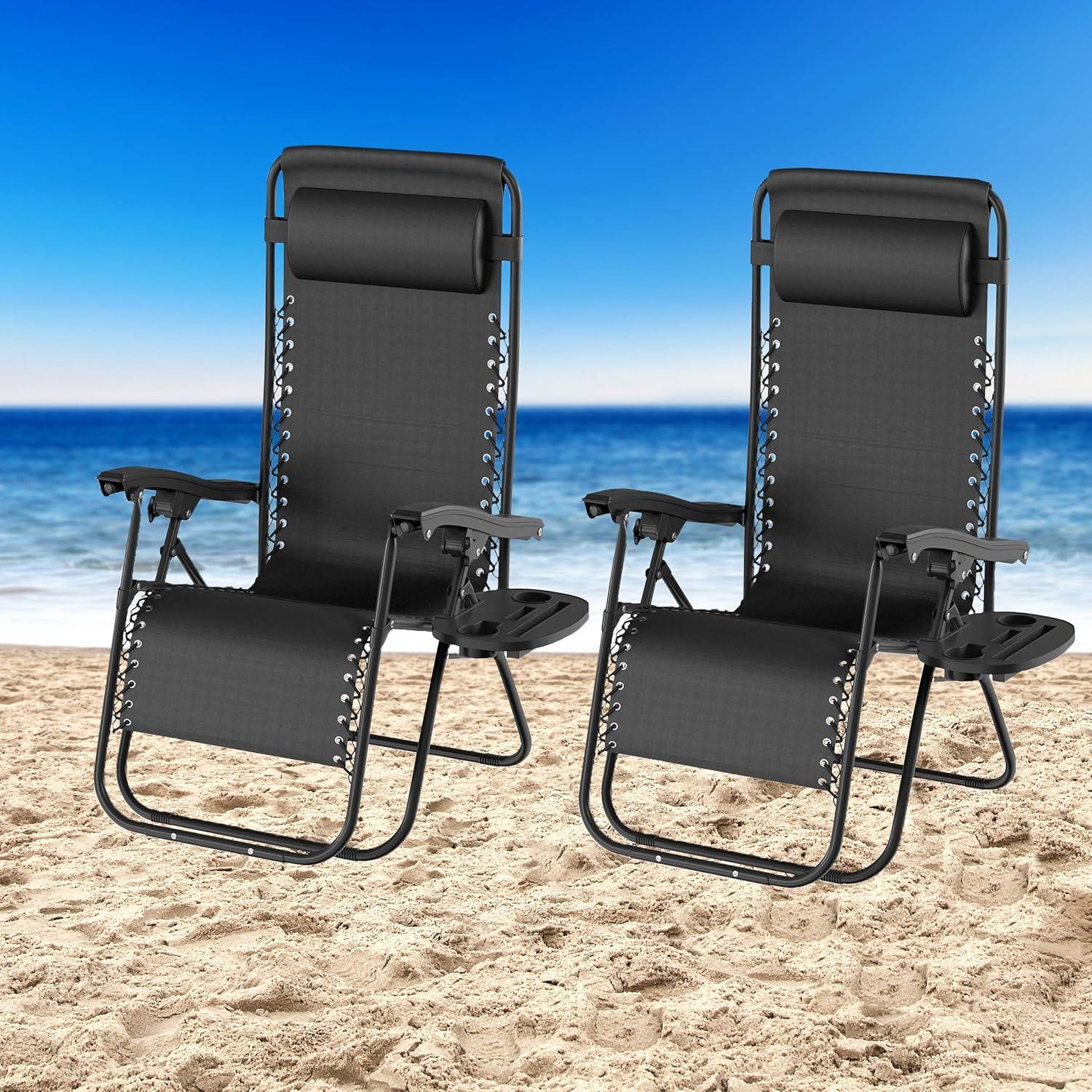 imageLavish Home Set of 2 ZeroGravity Chairs Folding Patio Furniture Outdoor Recliners with Side Table CupPhone Holder and Chair Pillow Black