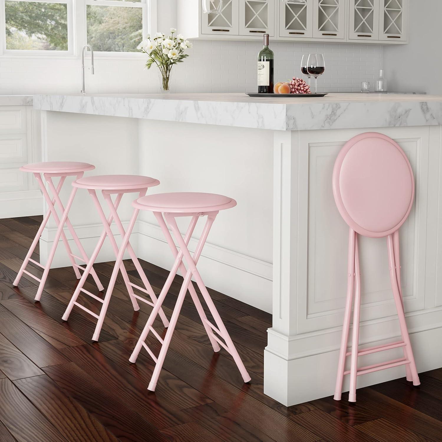 imageLavish Home Set of 4 Counter Height Bar Stools 24Inch Backless Folding Chairs with 225lb Capacity for Kitchen Rec Room or Game Room PinkPink