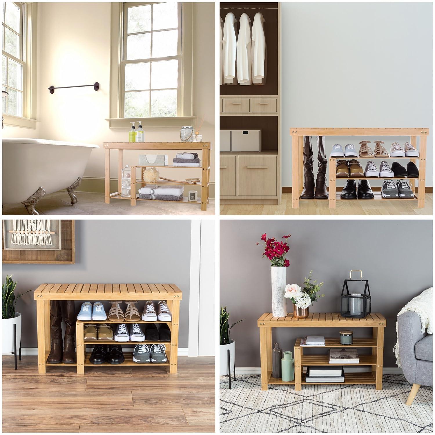 imageLavish Home Shoe Storage Bench 3Tier Bamboo Shoe Rack Mud Room Organization and Storage Bench with Natural Wood Seat for Boots and Sneakers3 Tier