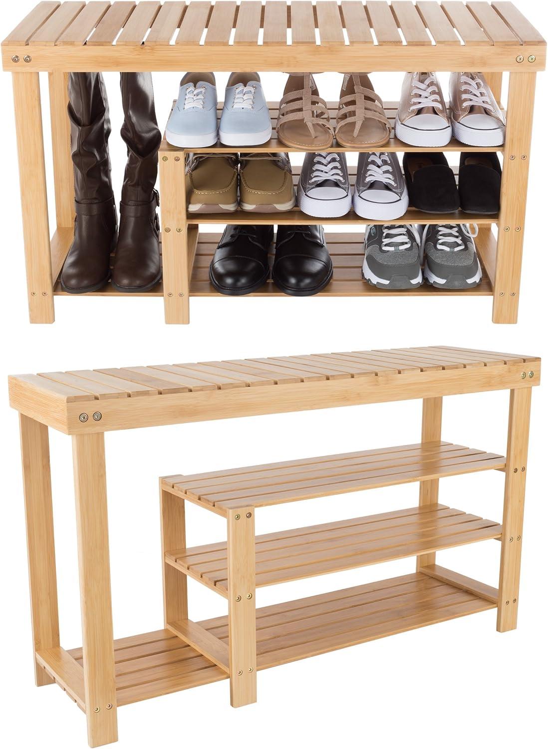 imageLavish Home Shoe Storage Bench 3Tier Bamboo Shoe Rack Mud Room Organization and Storage Bench with Natural Wood Seat for Boots and Sneakers3 Tier