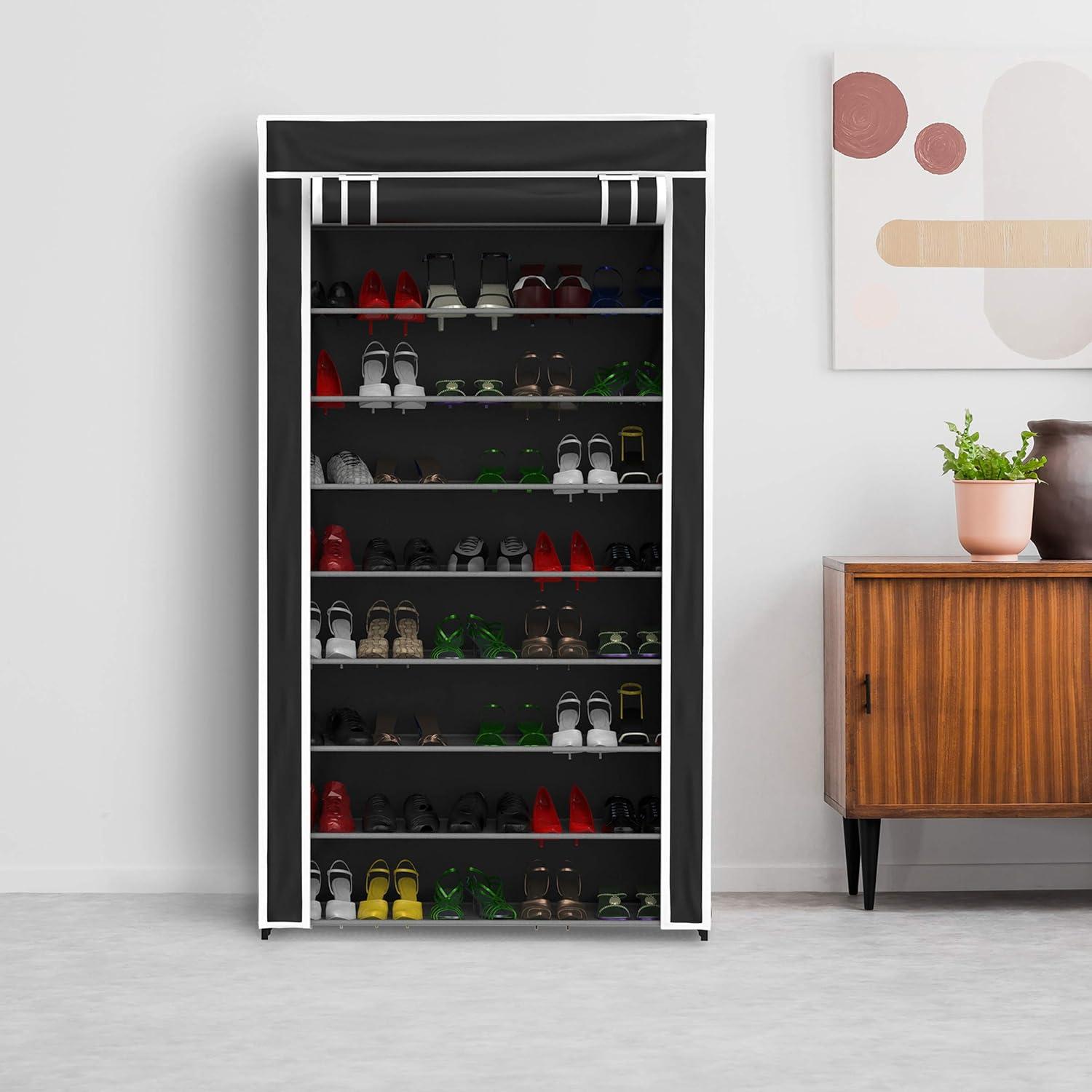 imageLavish Home Shoe Storage Rack 9Tier Shoe Rack with Cover for Dust and Metal Frame Freestanding Vertical Footwear Storage Cabinet Organizer Black