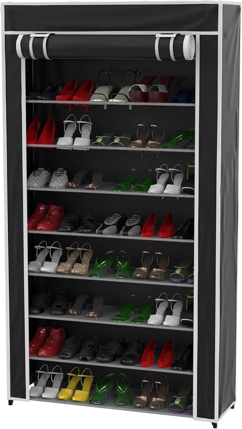imageLavish Home Shoe Storage Rack 9Tier Shoe Rack with Cover for Dust and Metal Frame Freestanding Vertical Footwear Storage Cabinet Organizer Black