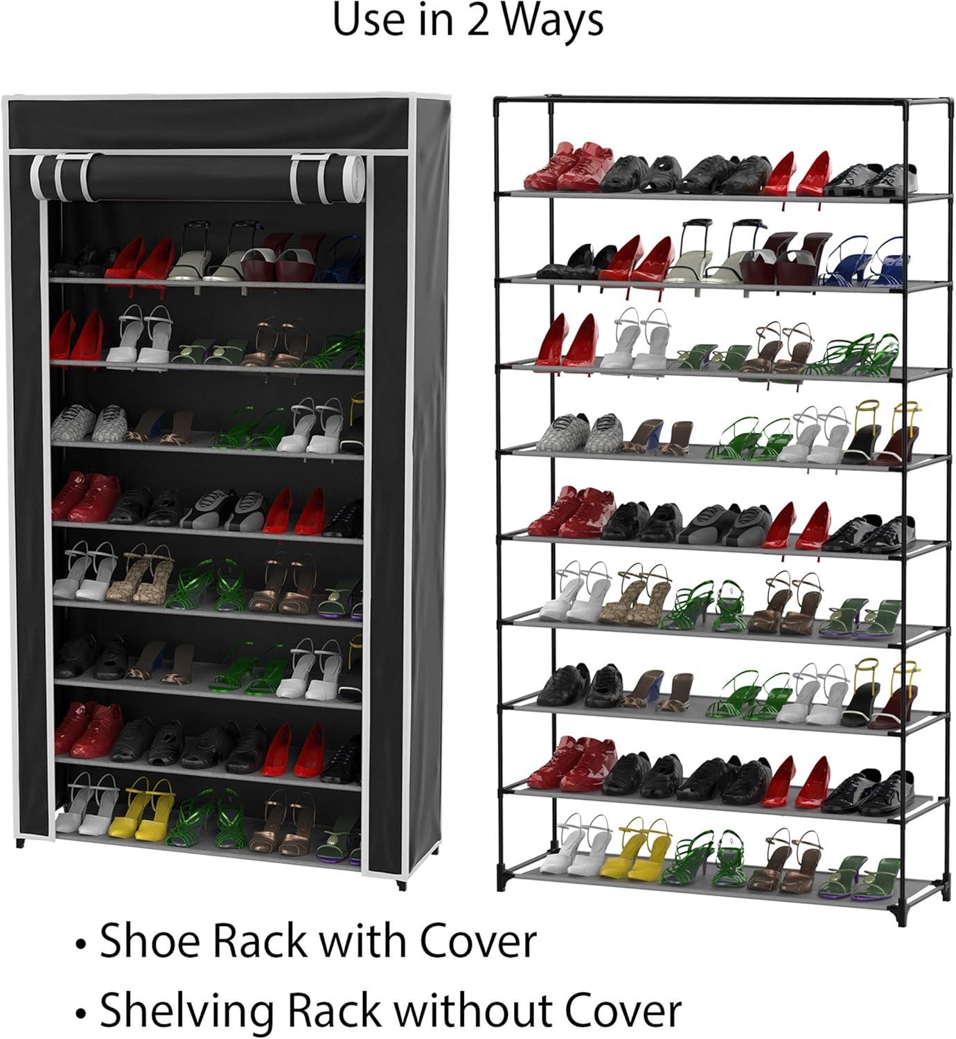 imageLavish Home Shoe Storage Rack 9Tier Shoe Rack with Cover for Dust and Metal Frame Freestanding Vertical Footwear Storage Cabinet Organizer Black