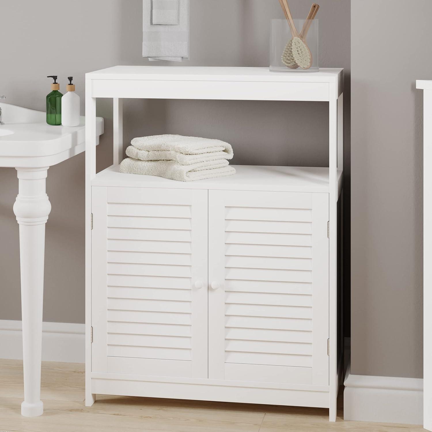 imageLavish Home Storage Cabinet with Double Doors Freestanding Kitchen Laundry Room or Restroom Organizer with Cupboard and Open Shelf White