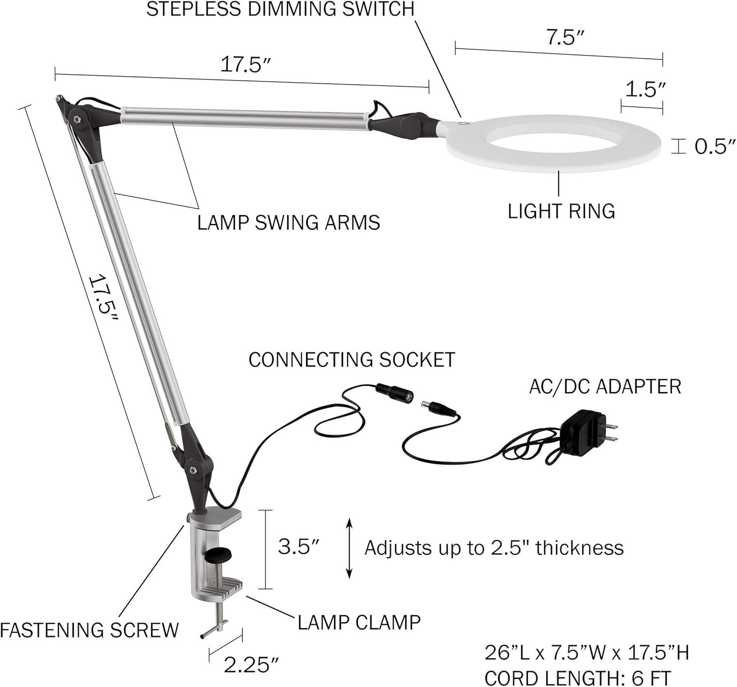imageLavish Home Swing Arm Architect Task Lamp with Clamp LED Ring LightStepless DimmingHigh CRI 95Eye Friendly Light for Reading Drafting ampamp OfficeMetal Clamp
