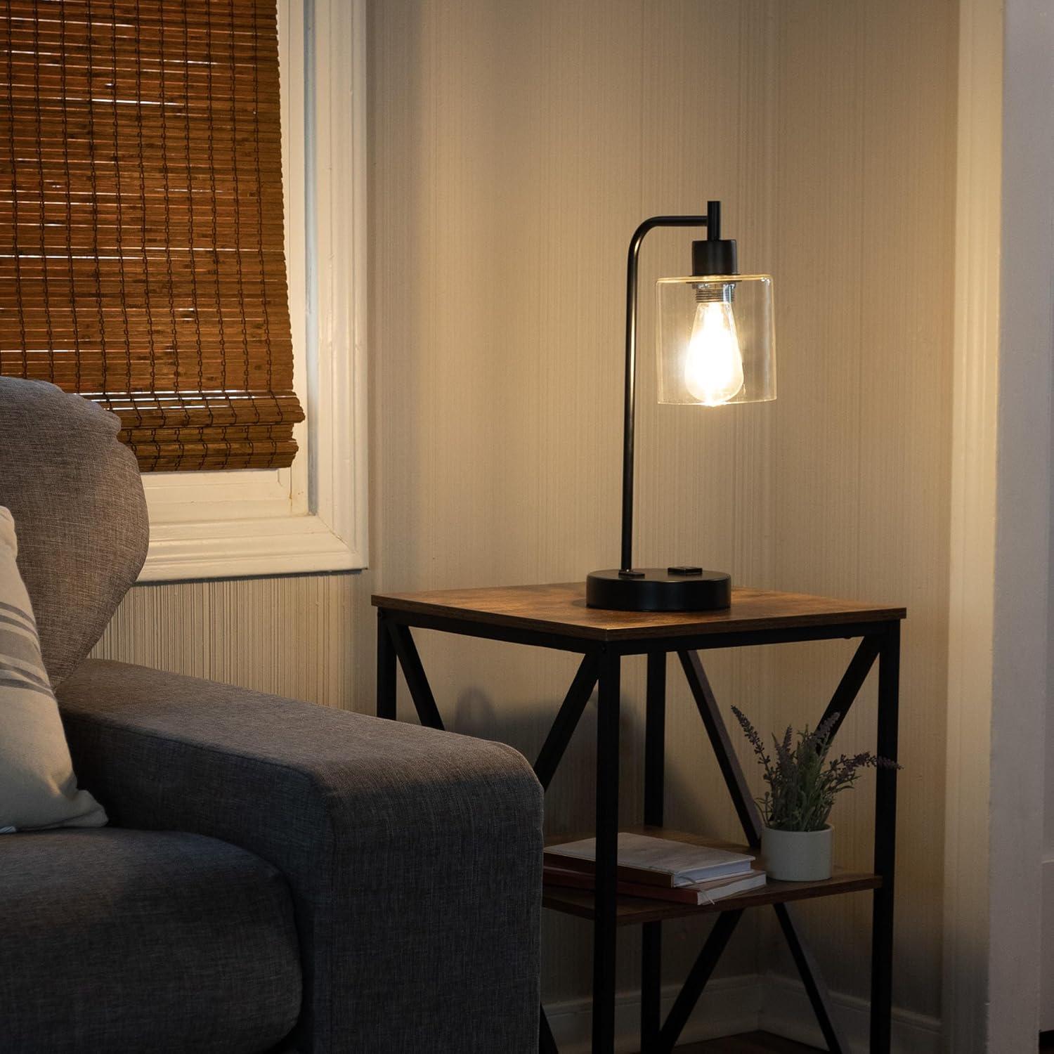 imageLavish Home Table Lamp Industrial Lamp with USB Charge Ports Touch Control and Edison Bulb for Living Room Office or Bedroom Decor BlackBlack Set of 2