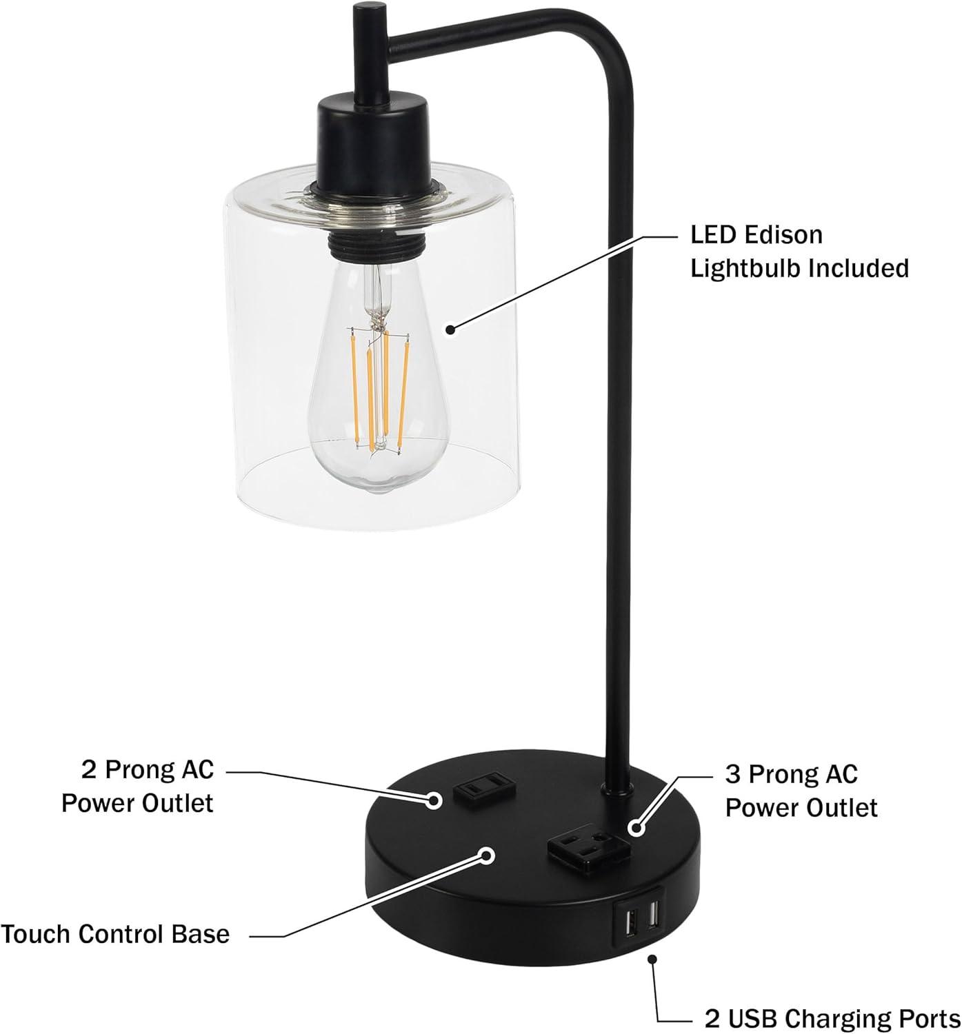 imageLavish Home Table Lamp Industrial Lamp with USB Charge Ports Touch Control and Edison Bulb for Living Room Office or Bedroom Decor BlackBlack Set of 2