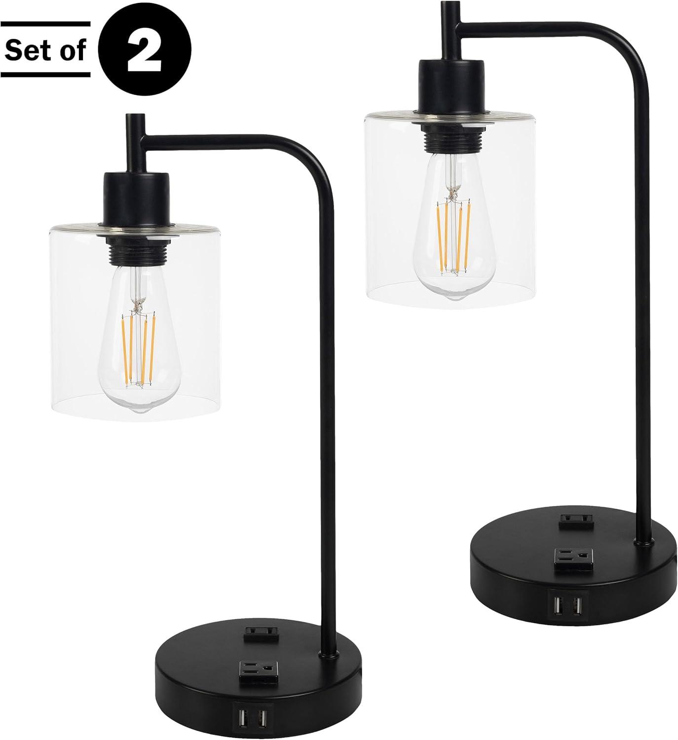 imageLavish Home Table Lamp Industrial Lamp with USB Charge Ports Touch Control and Edison Bulb for Living Room Office or Bedroom Decor BlackBlack Set of 2
