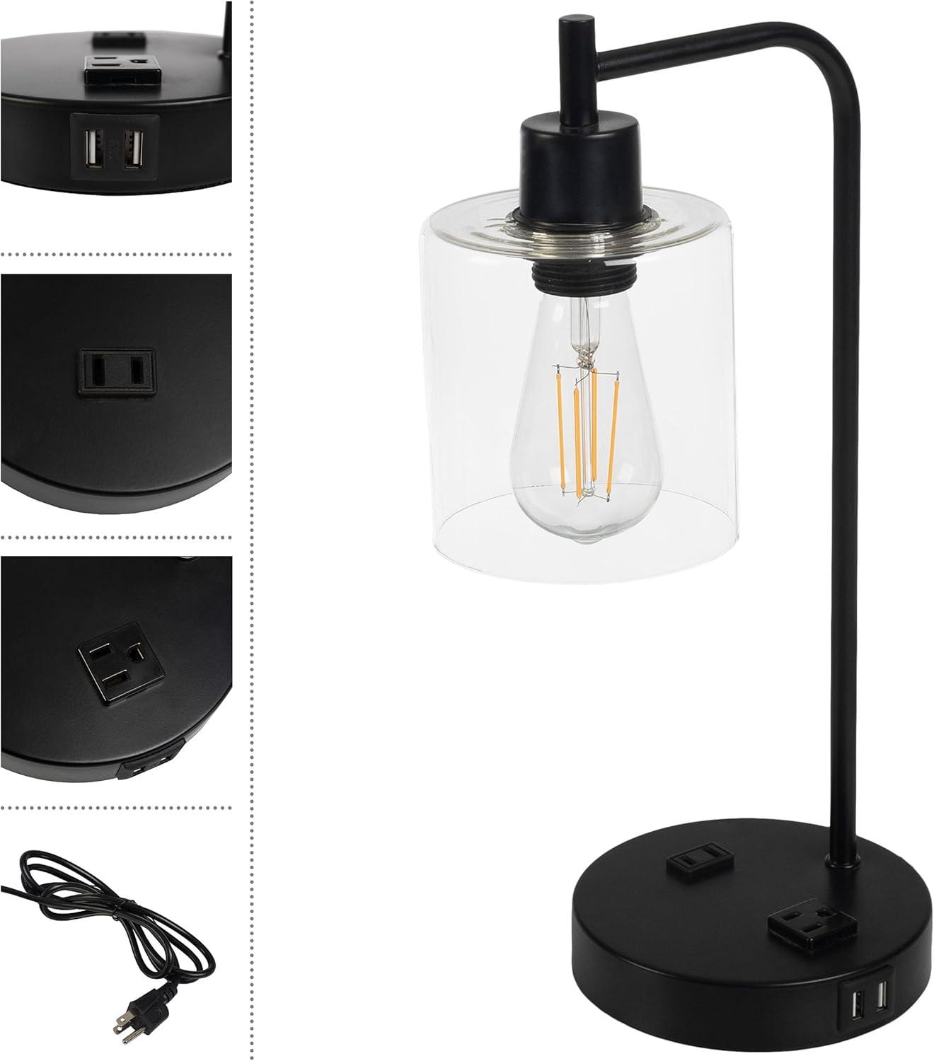 imageLavish Home Table Lamp Industrial Lamp with USB Charge Ports Touch Control and Edison Bulb for Living Room Office or Bedroom Decor BlackBlack Set of 2