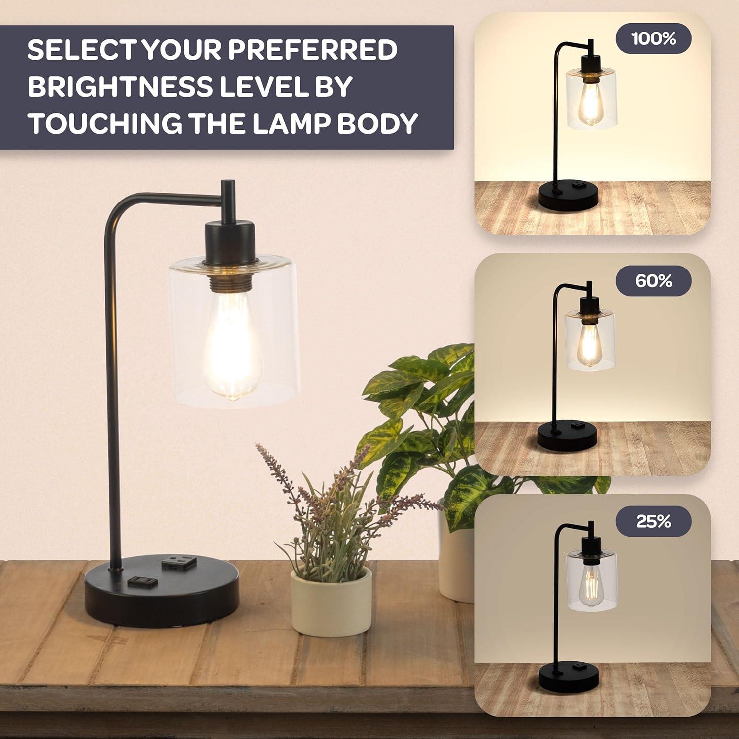 imageLavish Home Table Lamp Industrial Lamp with USB Charge Ports Touch Control and Edison Bulb for Living Room Office or Bedroom Decor BlackBlack Single Lamp