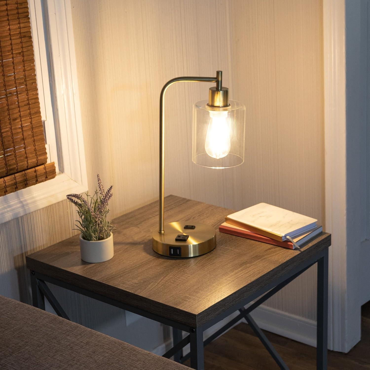 imageLavish Home Table Lamp Industrial Lamp with USB Charge Ports Touch Control and Edison Bulb for Living Room Office or Bedroom Decor BlackGold Set of 2