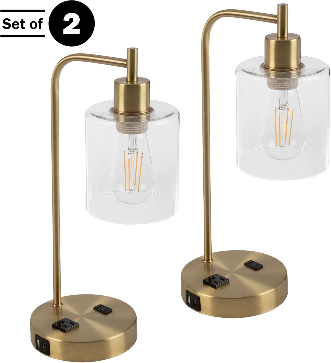 imageLavish Home Table Lamp Industrial Lamp with USB Charge Ports Touch Control and Edison Bulb for Living Room Office or Bedroom Decor BlackGold Set of 2