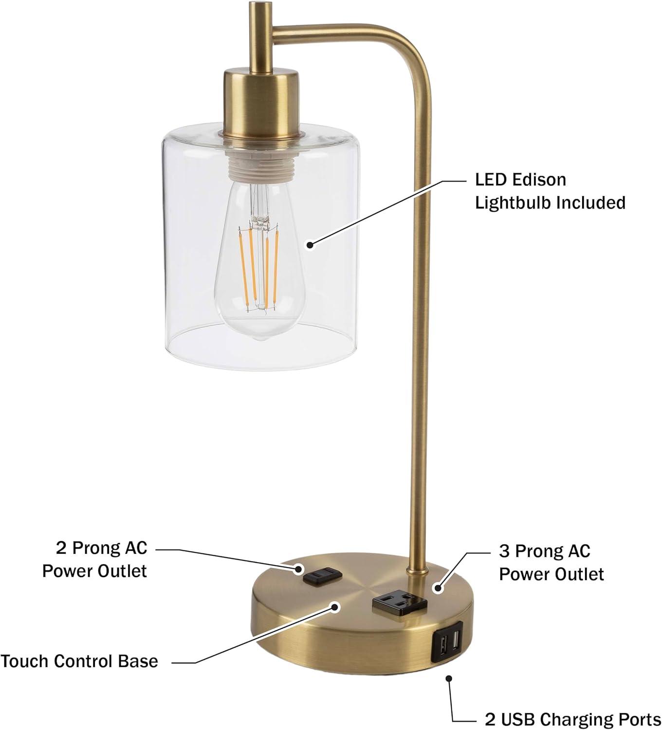 imageLavish Home Table Lamp Industrial Lamp with USB Charge Ports Touch Control and Edison Bulb for Living Room Office or Bedroom Decor BlackGold Single Lamp