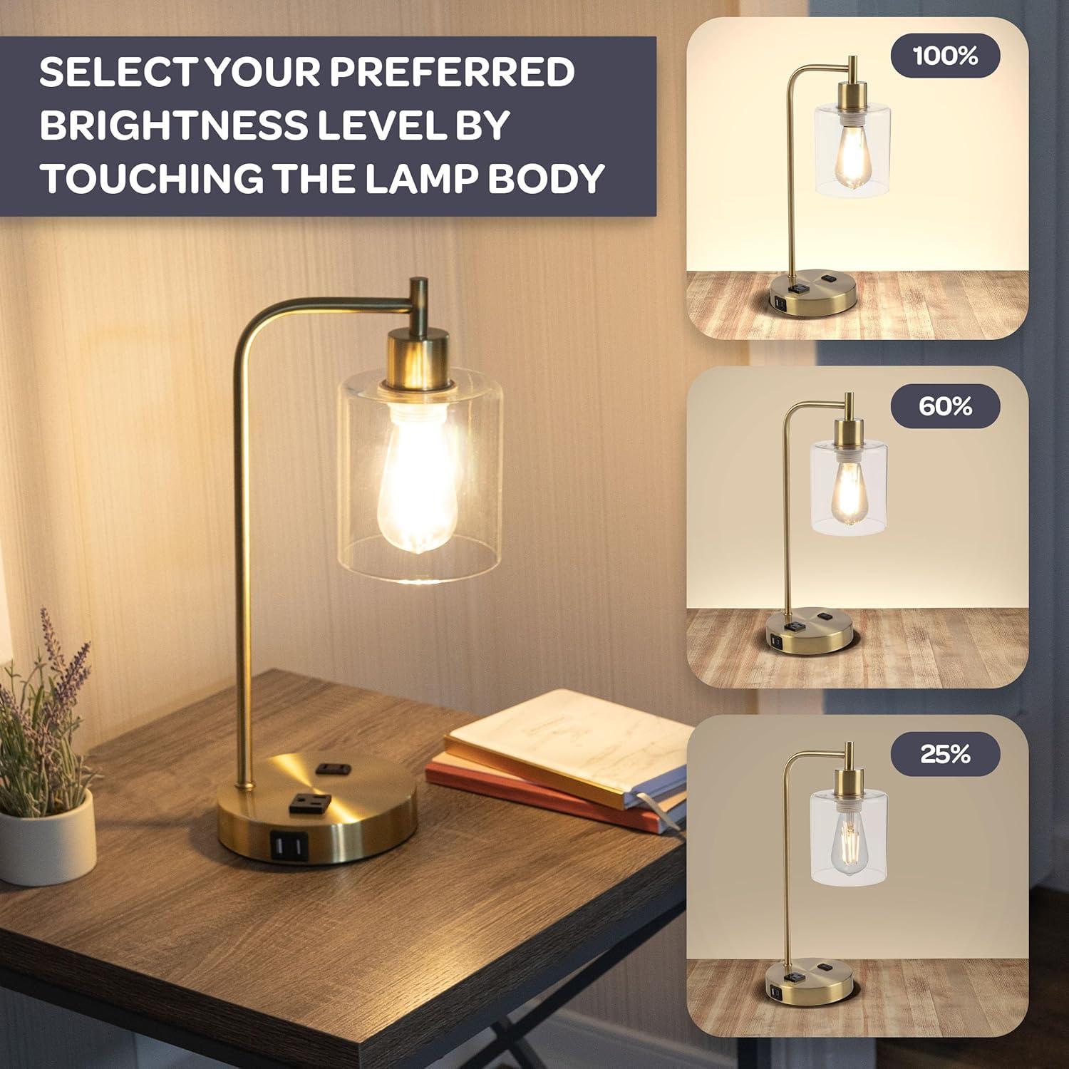 imageLavish Home Table Lamp Industrial Lamp with USB Charge Ports Touch Control and Edison Bulb for Living Room Office or Bedroom Decor BlackGold Single Lamp