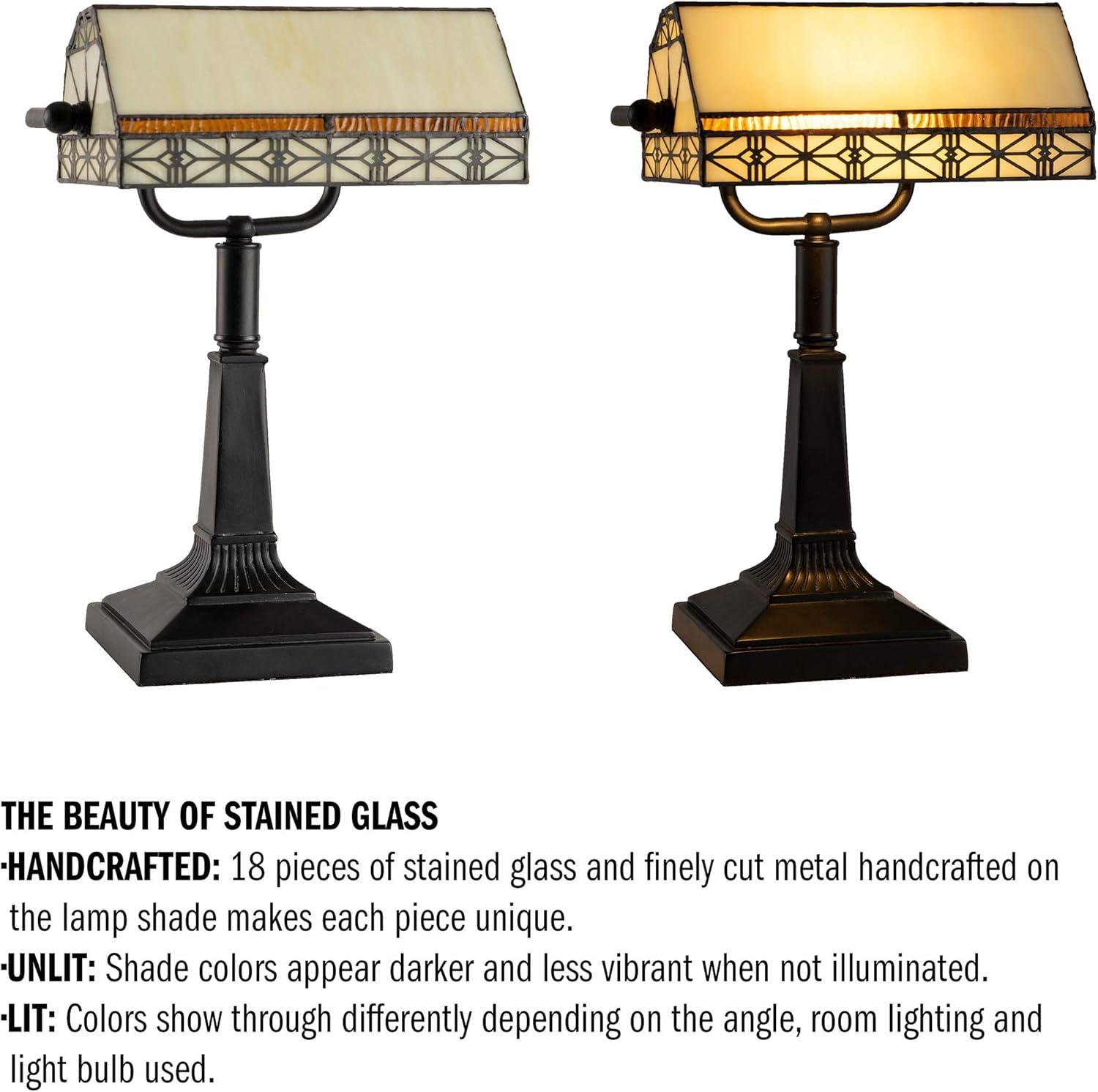 imageLavish Home TiffanyStyle Bankers Lamp VintageLooking MissionStyle Table or Desk LED Light with Stained Glass Shade Dark Brown