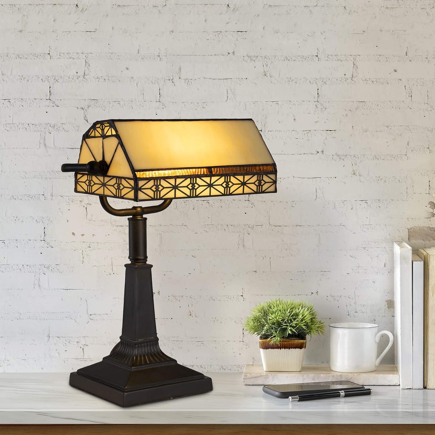 imageLavish Home TiffanyStyle Bankers Lamp VintageLooking MissionStyle Table or Desk LED Light with Stained Glass Shade Dark Brown