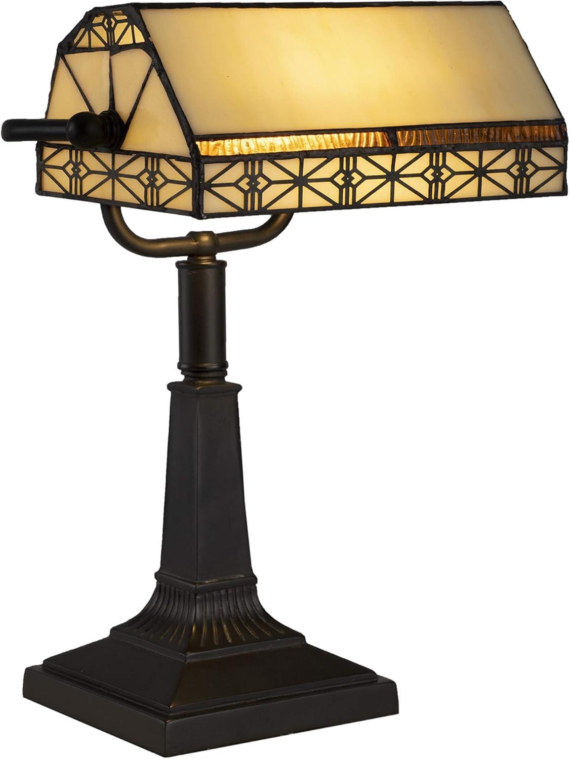 imageLavish Home TiffanyStyle Bankers Lamp VintageLooking MissionStyle Table or Desk LED Light with Stained Glass Shade Dark Brown