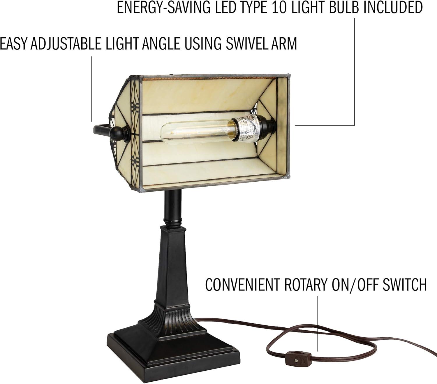 imageLavish Home TiffanyStyle Bankers Lamp VintageLooking MissionStyle Table or Desk LED Light with Stained Glass Shade Dark Brown