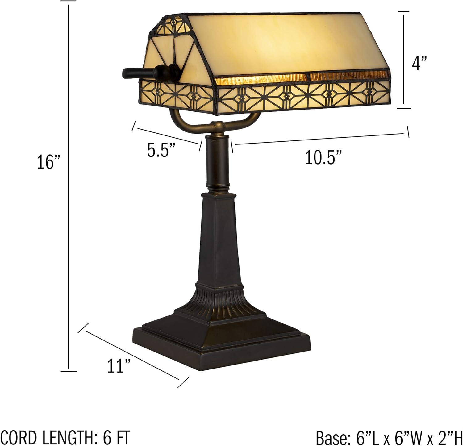 imageLavish Home TiffanyStyle Bankers Lamp VintageLooking MissionStyle Table or Desk LED Light with Stained Glass Shade Dark BrownDark Brown Black Off White