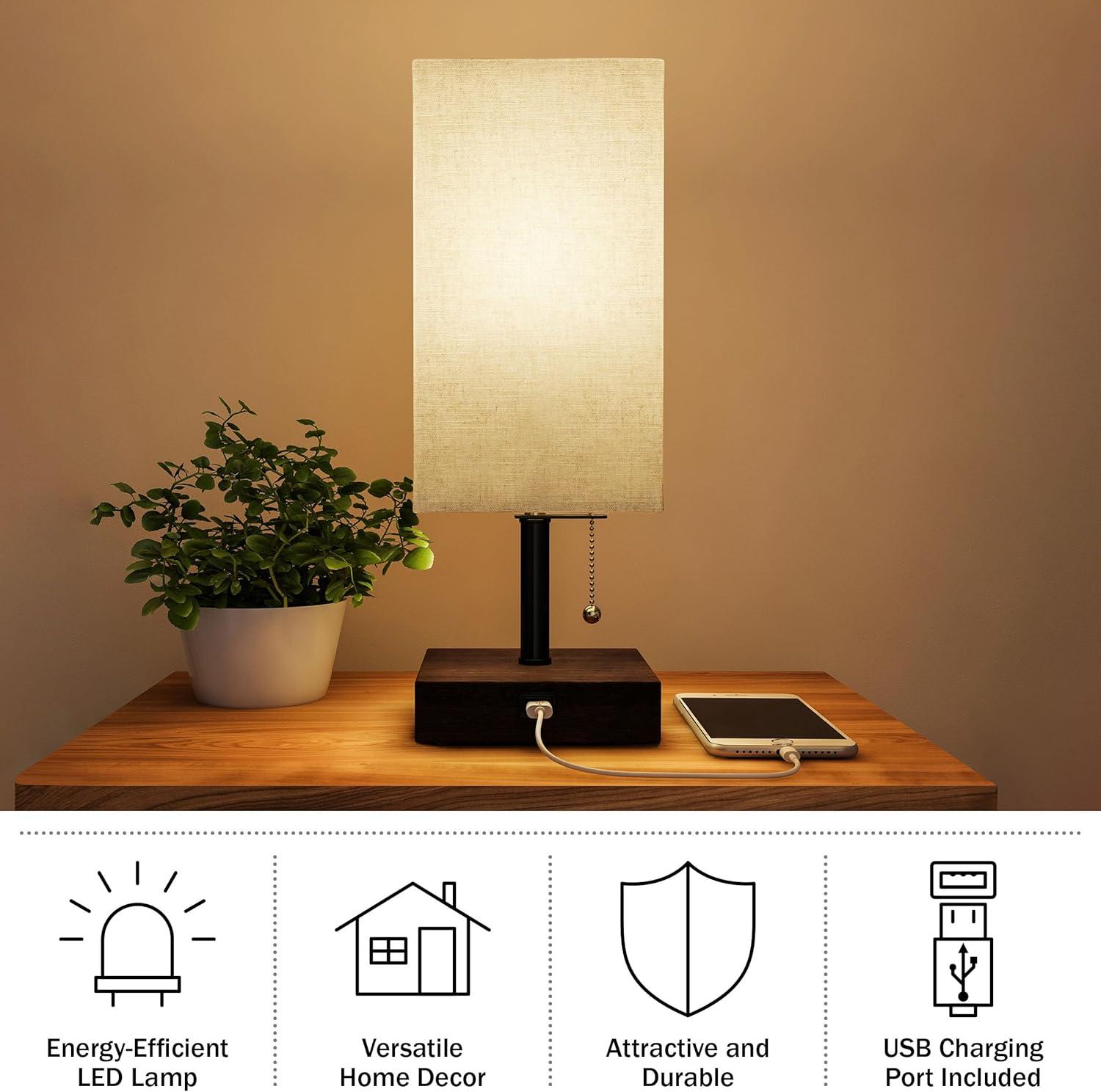 imageLavish Home USB Rectangle Lamp with Wood BaseModern Desk Light LED Bulb Included USB Port for Living Room Bedroom OfficeSet of 2