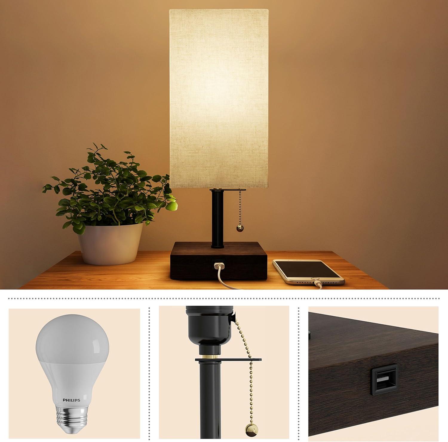 imageLavish Home USB Rectangle Lamp with Wood BaseModern Desk Light LED Bulb Included USB Port for Living Room Bedroom OfficeSet of 2