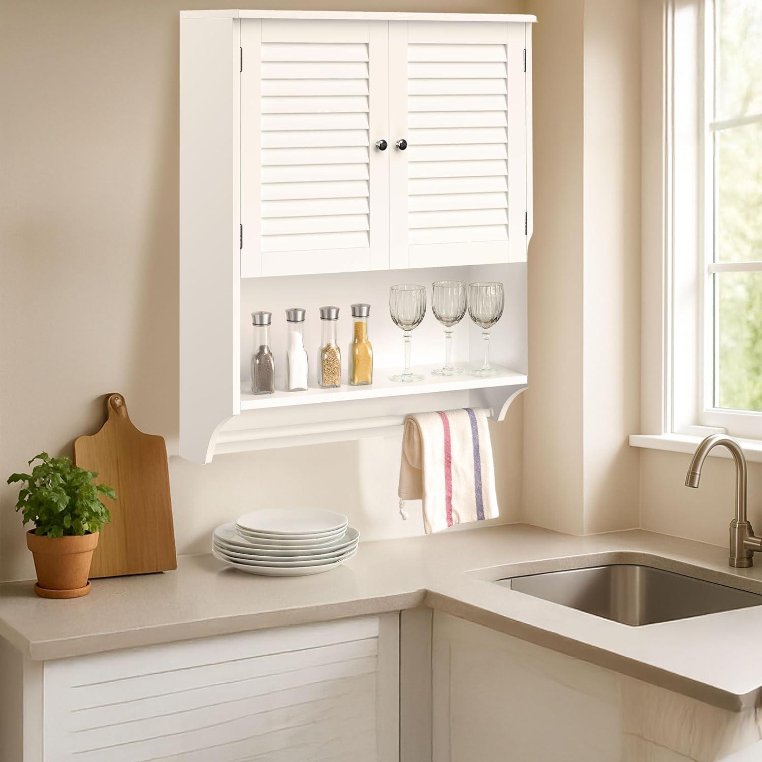 imageLavish Home Wall Mounted Kitchen Storage Cabinets Medicine Cabinet or OvertheToilet Shelf with Stylish Shutter Doors and Towel Bar White