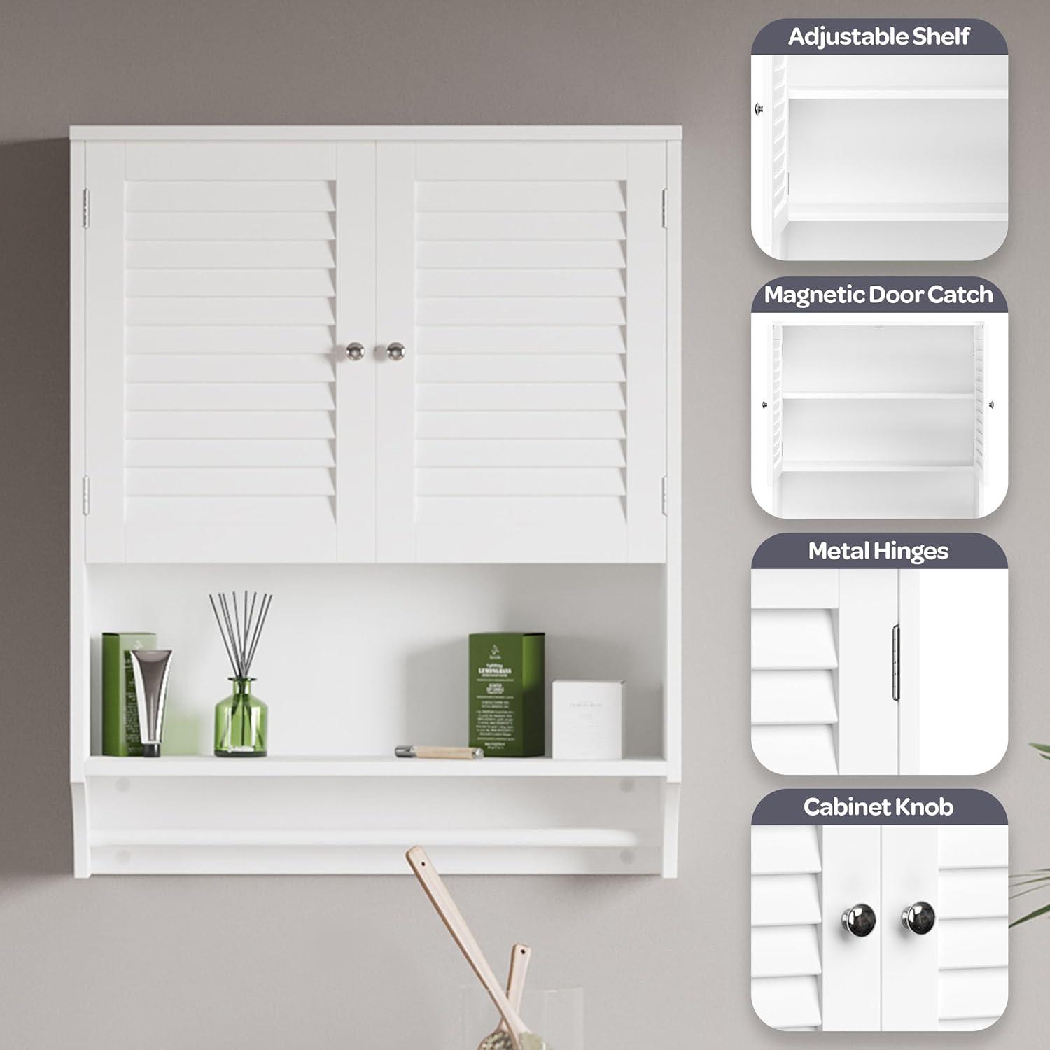 imageLavish Home Wall Mounted Kitchen Storage Cabinets Medicine Cabinet or OvertheToilet Shelf with Stylish Shutter Doors and Towel Bar White