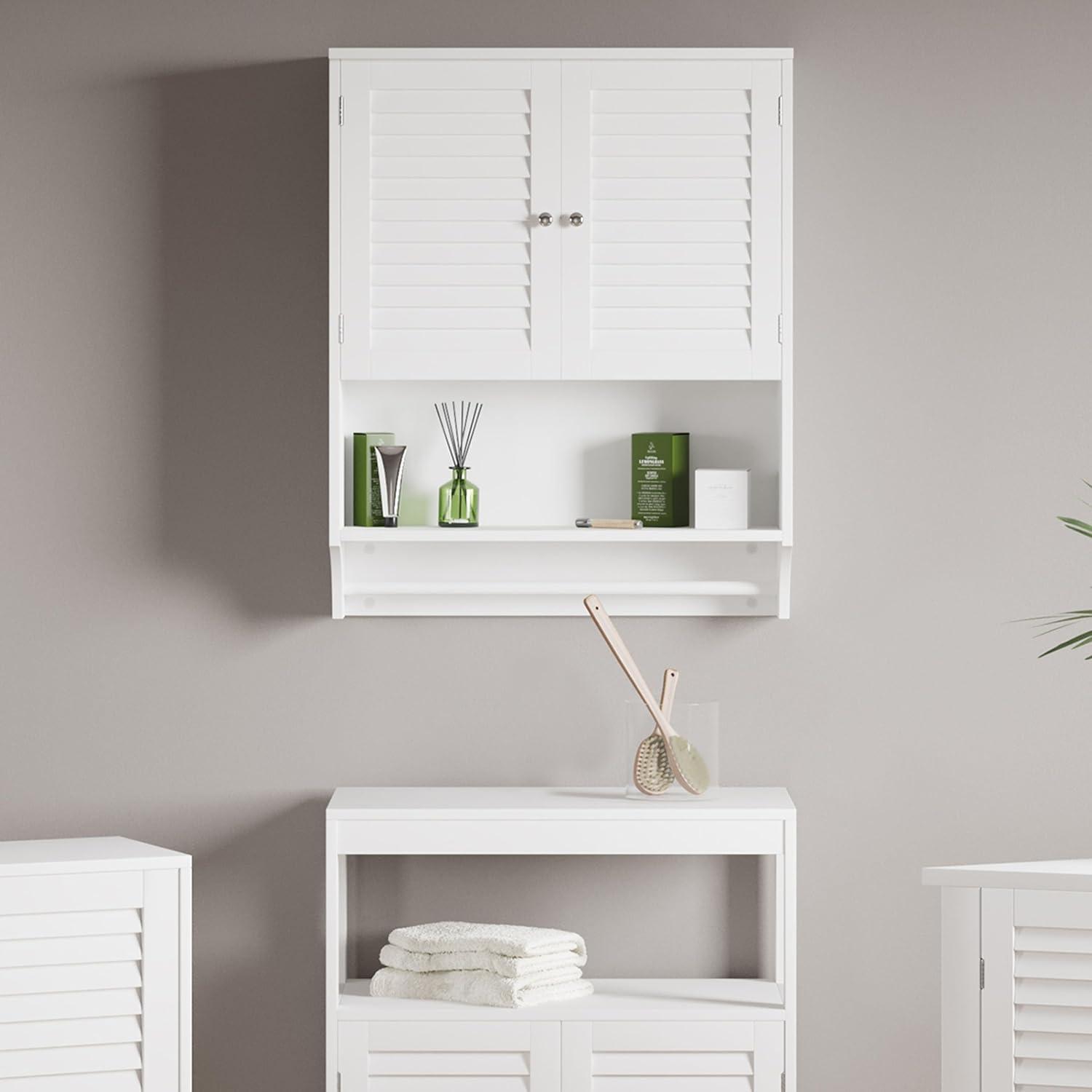 imageLavish Home Wall Mounted Kitchen Storage Cabinets Medicine Cabinet or OvertheToilet Shelf with Stylish Shutter Doors and Towel Bar White