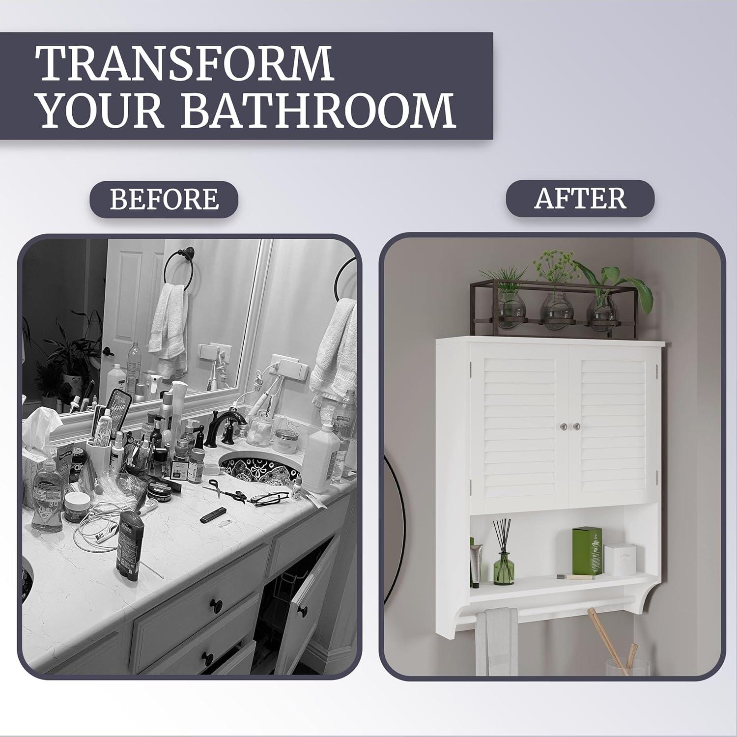 imageLavish Home Wall Mounted Kitchen Storage Cabinets Medicine Cabinet or OvertheToilet Shelf with Stylish Shutter Doors and Towel Bar White