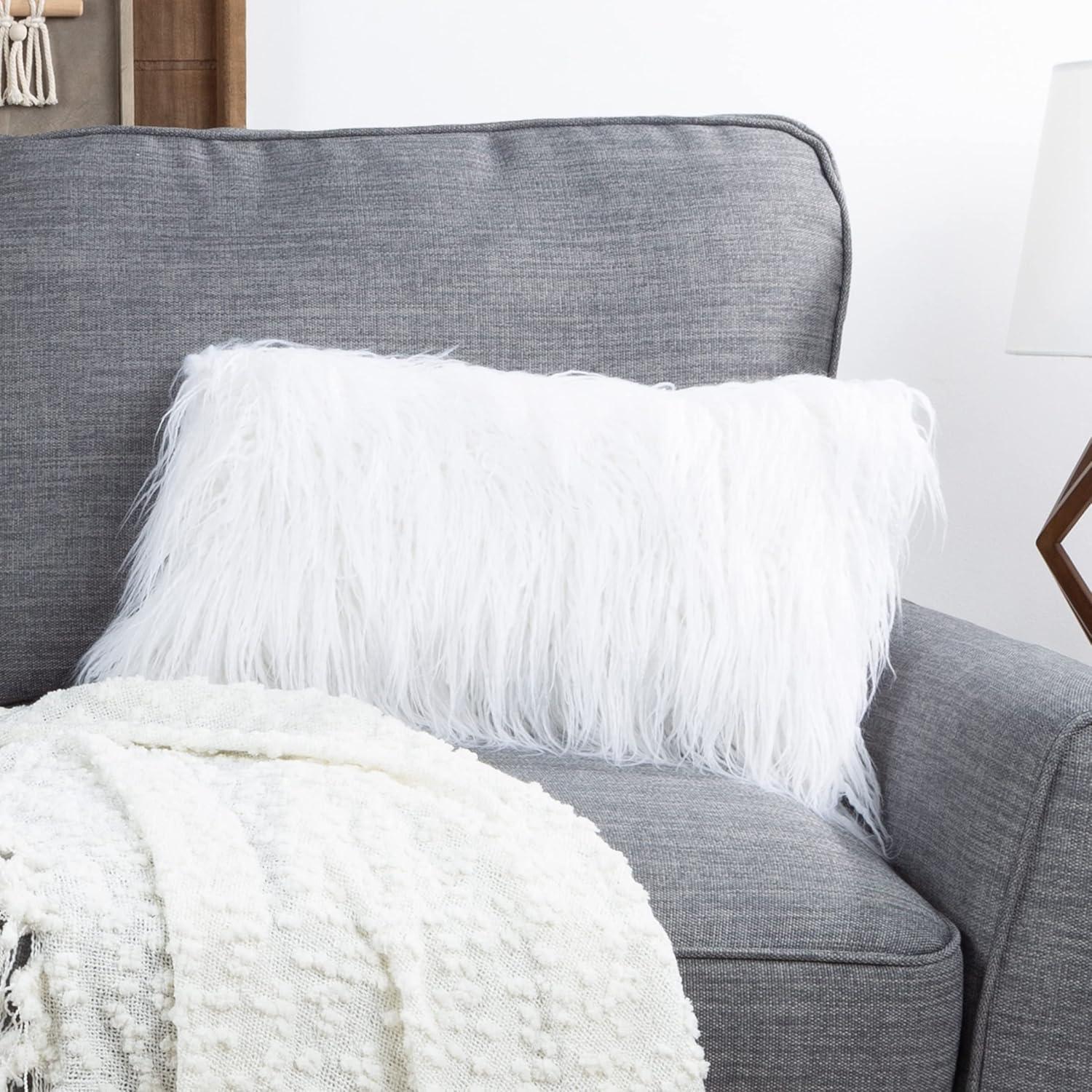 imageLavish Home White 12x20 Plush Lumbar Faux Fur Pillows 2Pack Decorative Pillow Insert and Shag Cover Set for Bedroom Living Room or Office 12 x 20 2 Count