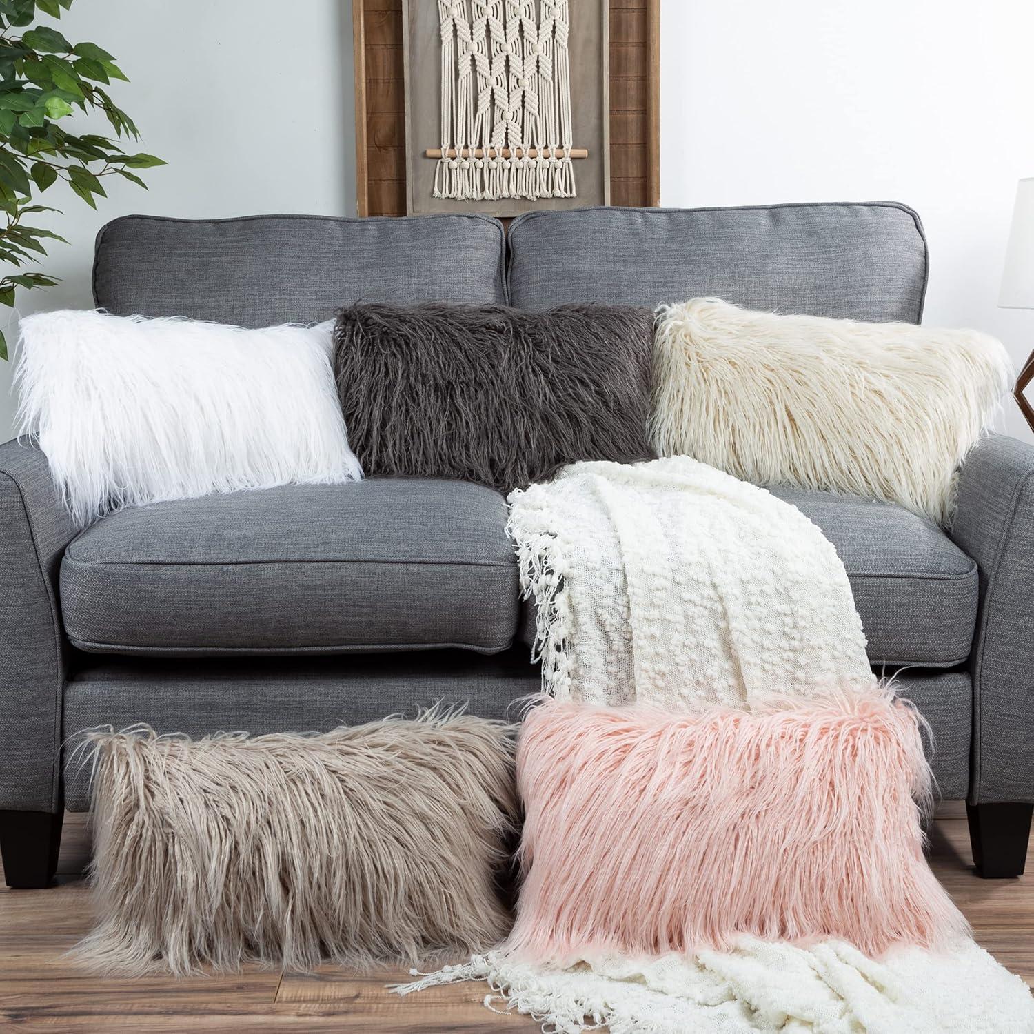 imageLavish Home White 12x20 Plush Lumbar Faux Fur Pillows 2Pack Decorative Pillow Insert and Shag Cover Set for Bedroom Living Room or Office 12 x 20 2 Count