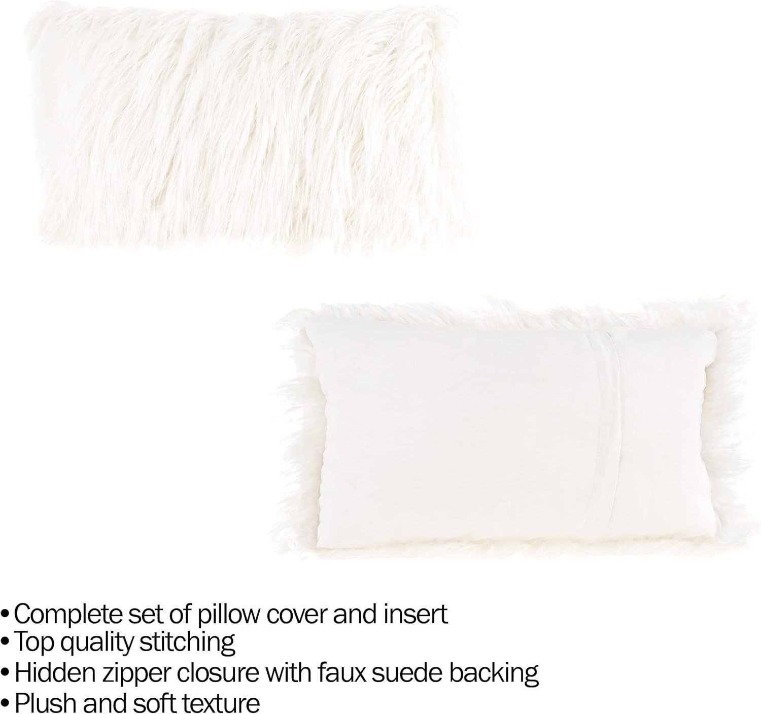 imageLavish Home White 12x20 Plush Lumbar Faux Fur Pillows 2Pack Decorative Pillow Insert and Shag Cover Set for Bedroom Living Room or Office 12 x 20 2 Count