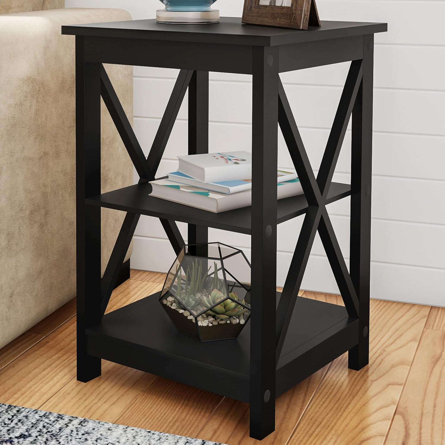 imageLavish Home Wooden End Table Modern Style Sofa Side Table with XLeg Design and Two Shelves Small Furniture for Living Room or Bedroom GrayBlack Set of 2