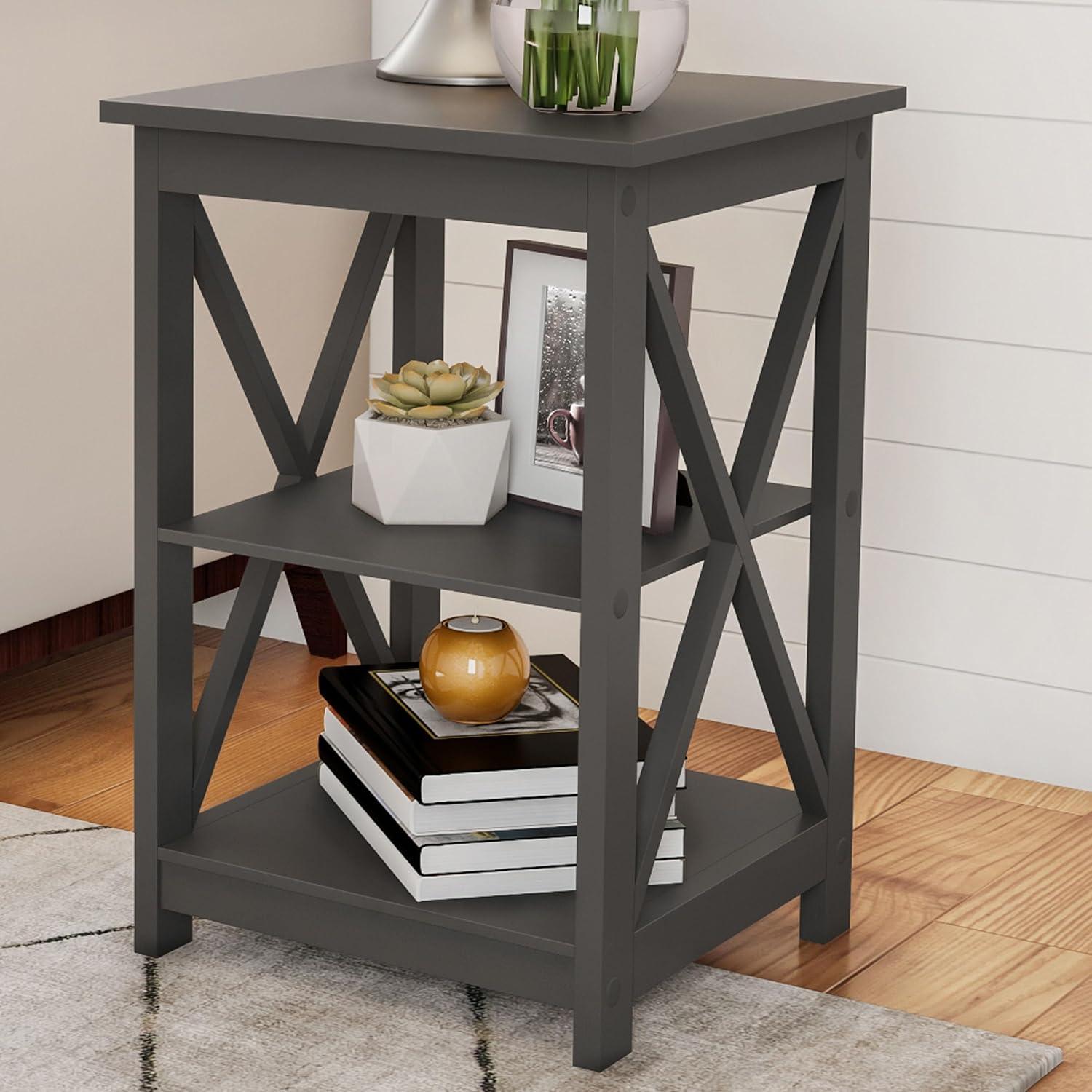 imageLavish Home Wooden End Table Modern Style Sofa Side Table with XLeg Design and Two Shelves Small Furniture for Living Room or Bedroom GrayGray Set of 2