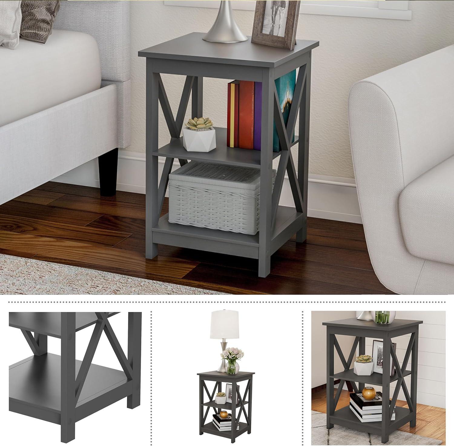 imageLavish Home Wooden End Table Modern Style Sofa Side Table with XLeg Design and Two Shelves Small Furniture for Living Room or Bedroom GrayGray Set of 2