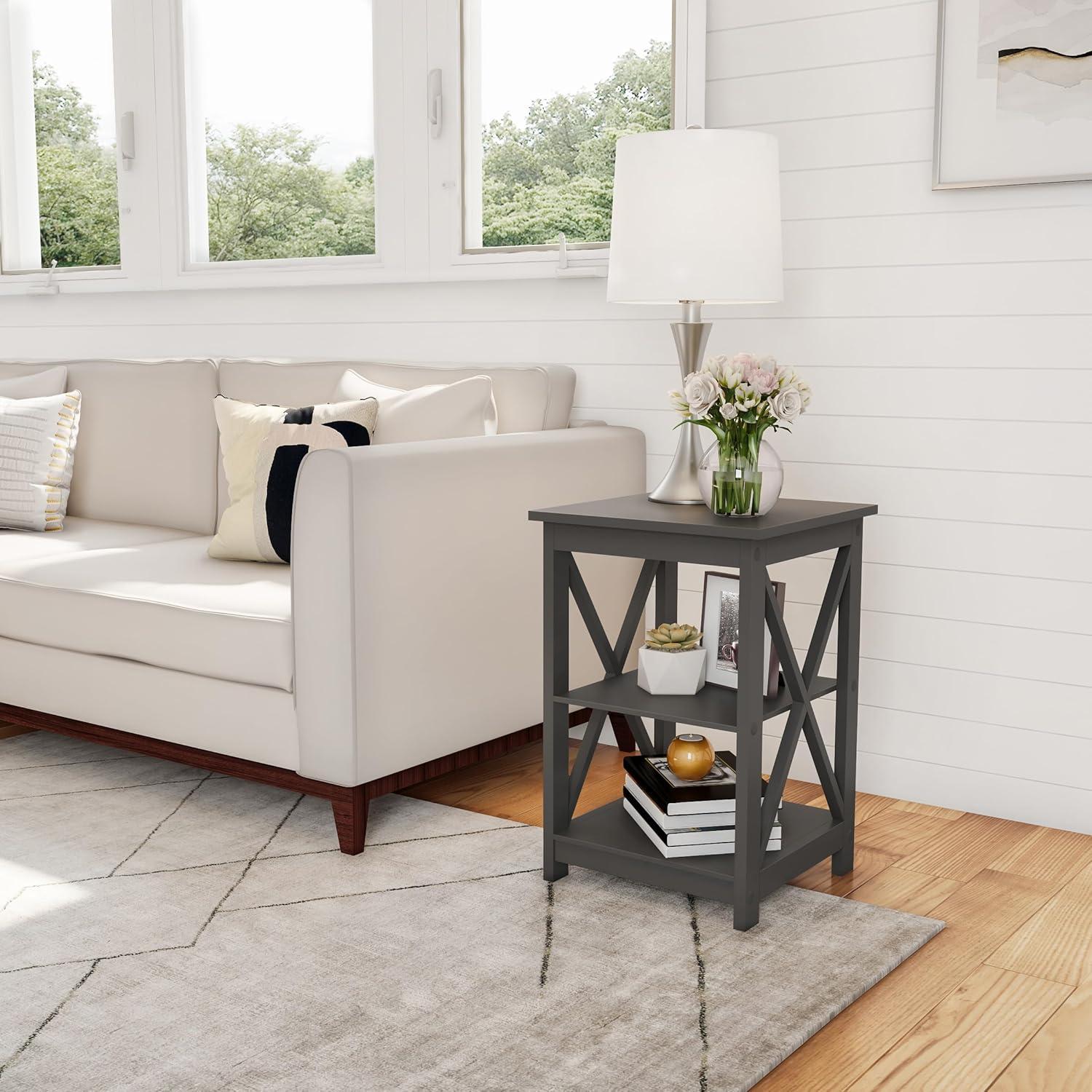 imageLavish Home Wooden End Table Modern Style Sofa Side Table with XLeg Design and Two Shelves Small Furniture for Living Room or Bedroom GrayGrey