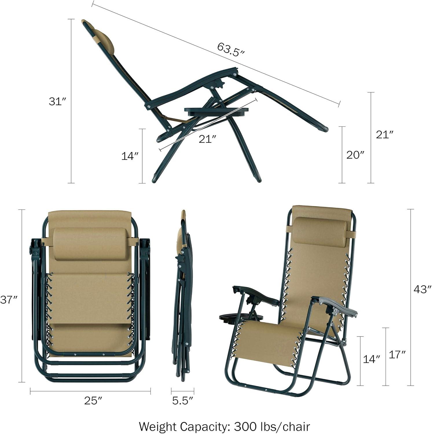 imageLavish Home Zero Gravity Chairs Set of 2 Outdoor Chairs with Side Tables with 2 Cupholders Phone and Tablet Holder and Chair Pillow Beige