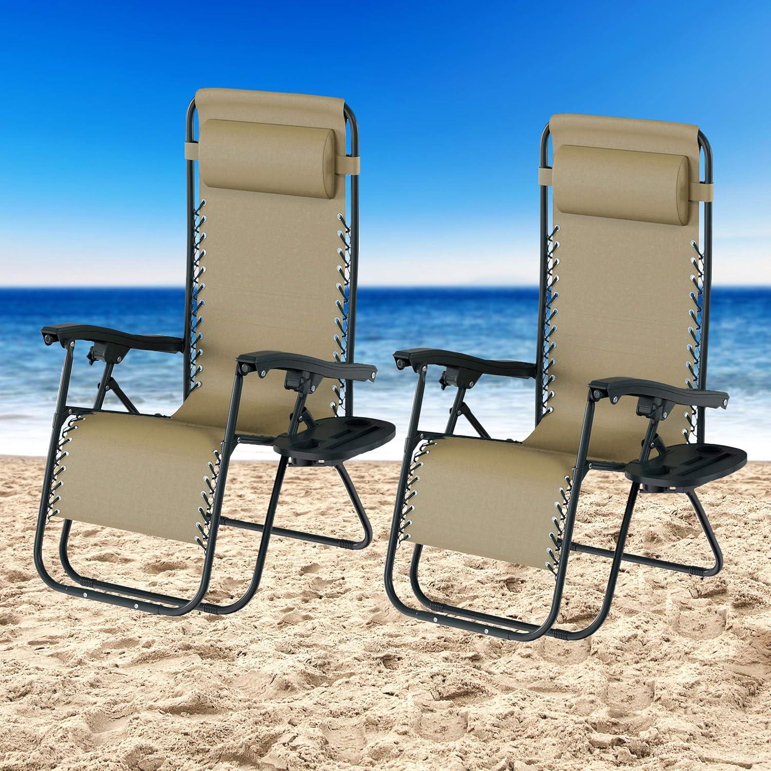 imageLavish Home Zero Gravity Chairs Set of 2 Outdoor Chairs with Side Tables with 2 Cupholders Phone and Tablet Holder and Chair Pillow Beige
