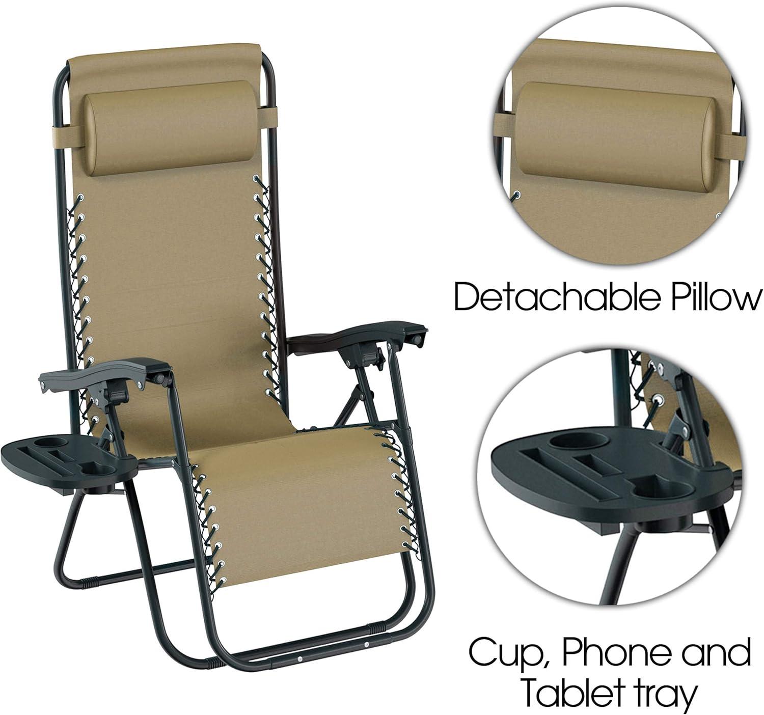 imageLavish Home Zero Gravity Chairs Set of 2 Outdoor Chairs with Side Tables with 2 Cupholders Phone and Tablet Holder and Chair Pillow Beige