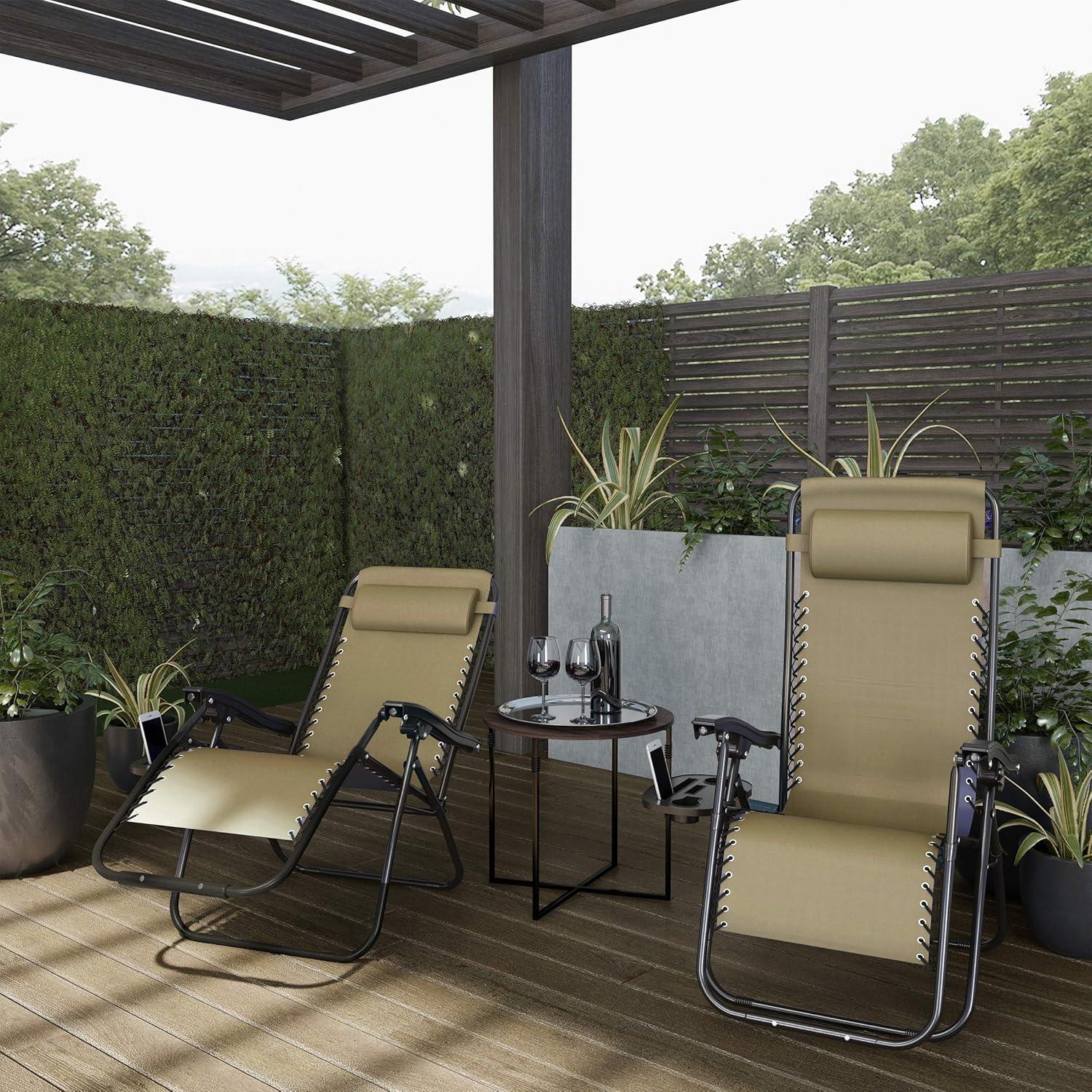 imageLavish Home Zero Gravity Chairs Set of 2 Outdoor Chairs with Side Tables with 2 Cupholders Phone and Tablet Holder and Chair Pillow Beige