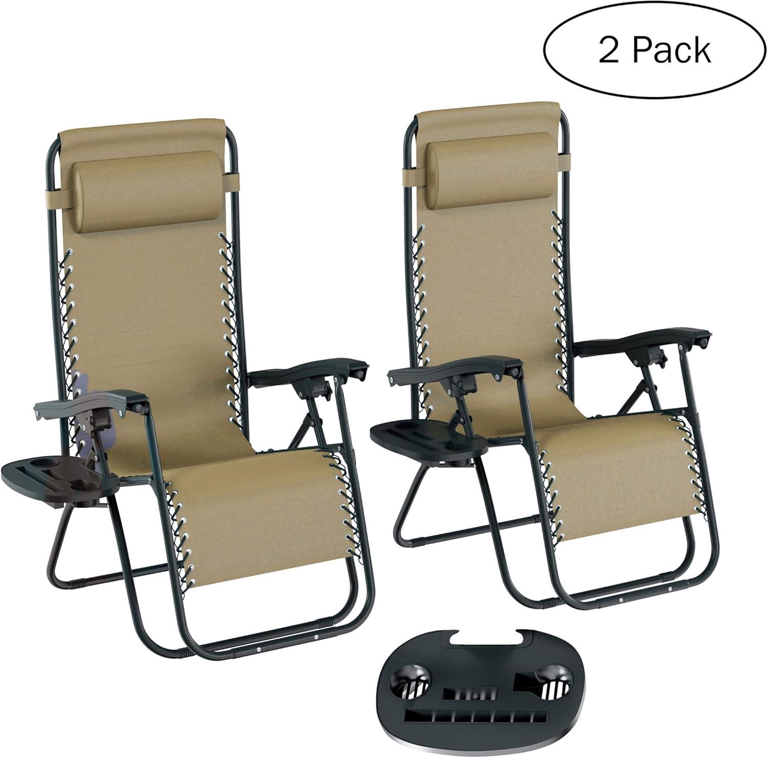imageLavish Home Zero Gravity Chairs Set of 2 Outdoor Chairs with Side Tables with 2 Cupholders Phone and Tablet Holder and Chair Pillow Beige